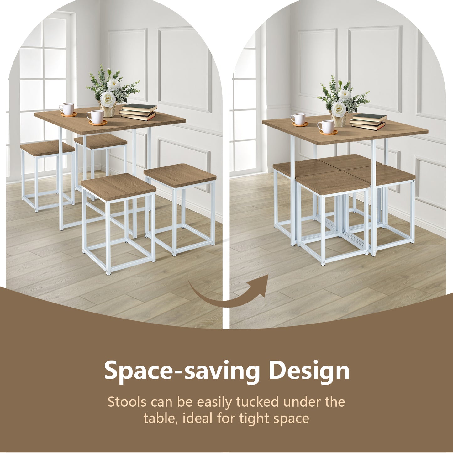 5-Piece Dining Set with Metal Frame Table and 4 Stools Natural Wood Finish