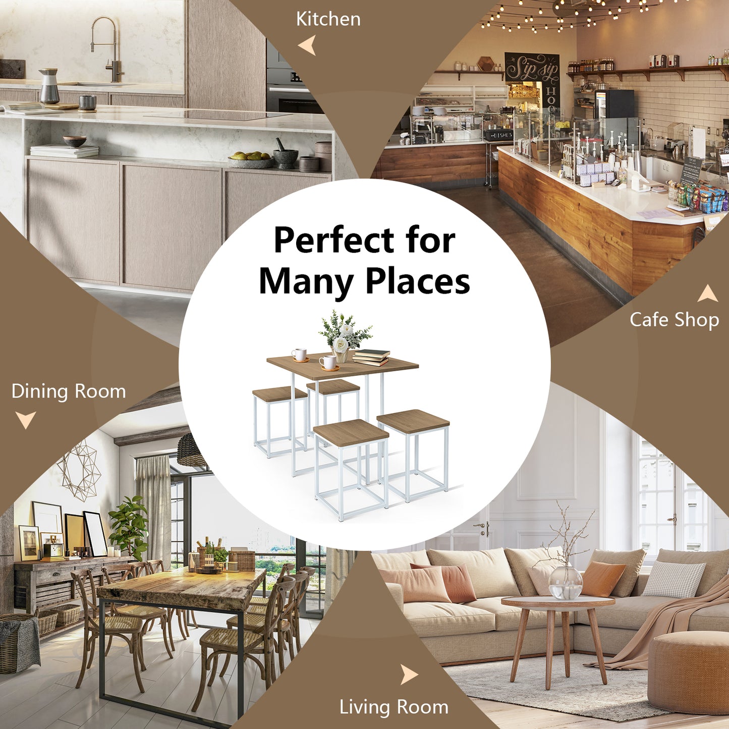 5-Piece Dining Set with Metal Frame Table and 4 Stools Natural Wood Finish