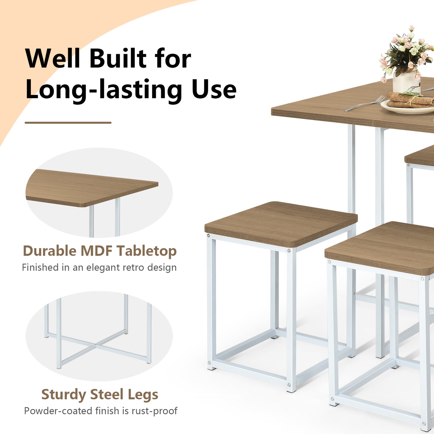 5-Piece Dining Set with Metal Frame Table and 4 Stools Natural Wood Finish