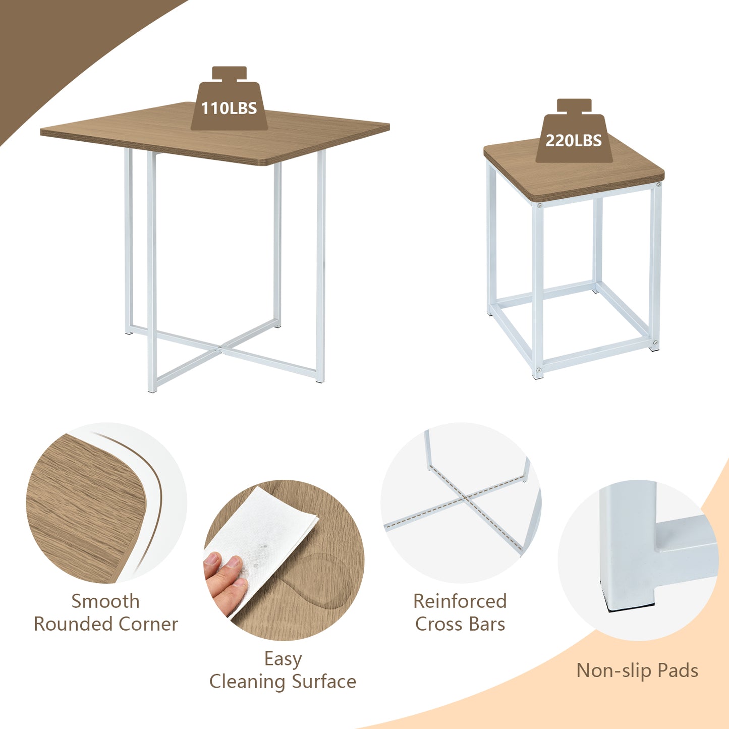 5-Piece Dining Set with Metal Frame Table and 4 Stools Natural Wood Finish