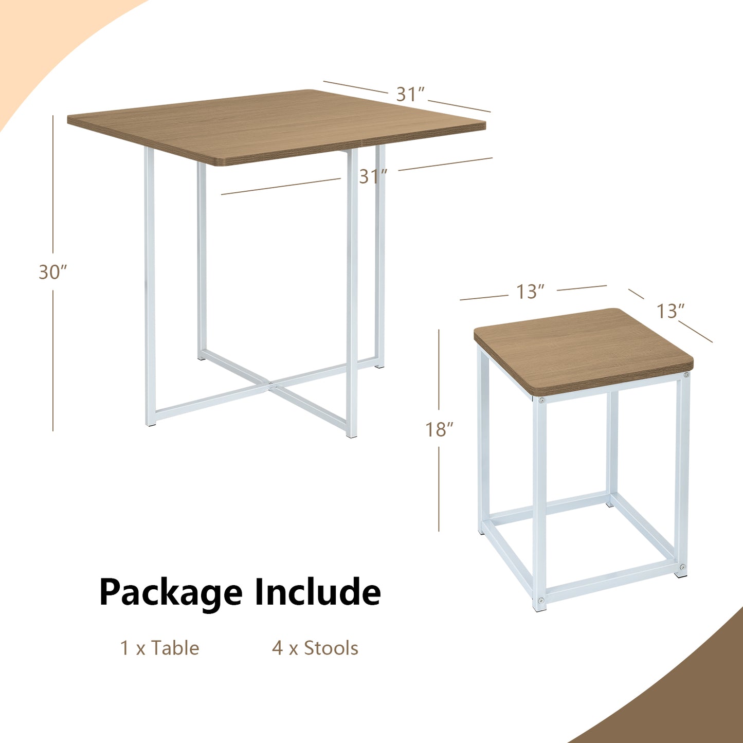 5-Piece Dining Set with Metal Frame Table and 4 Stools Natural Wood Finish