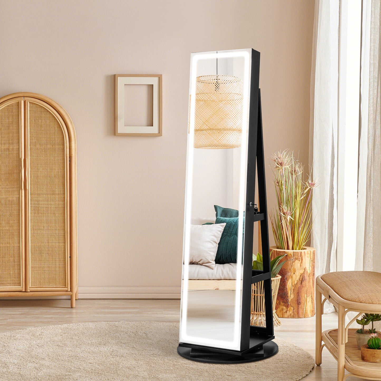 4-in-1 Standing Jewelry Cabinet with Full-Length LED Mirror, Lockable Storage, Rotating Base and Foldable Vanity Shelf – Black