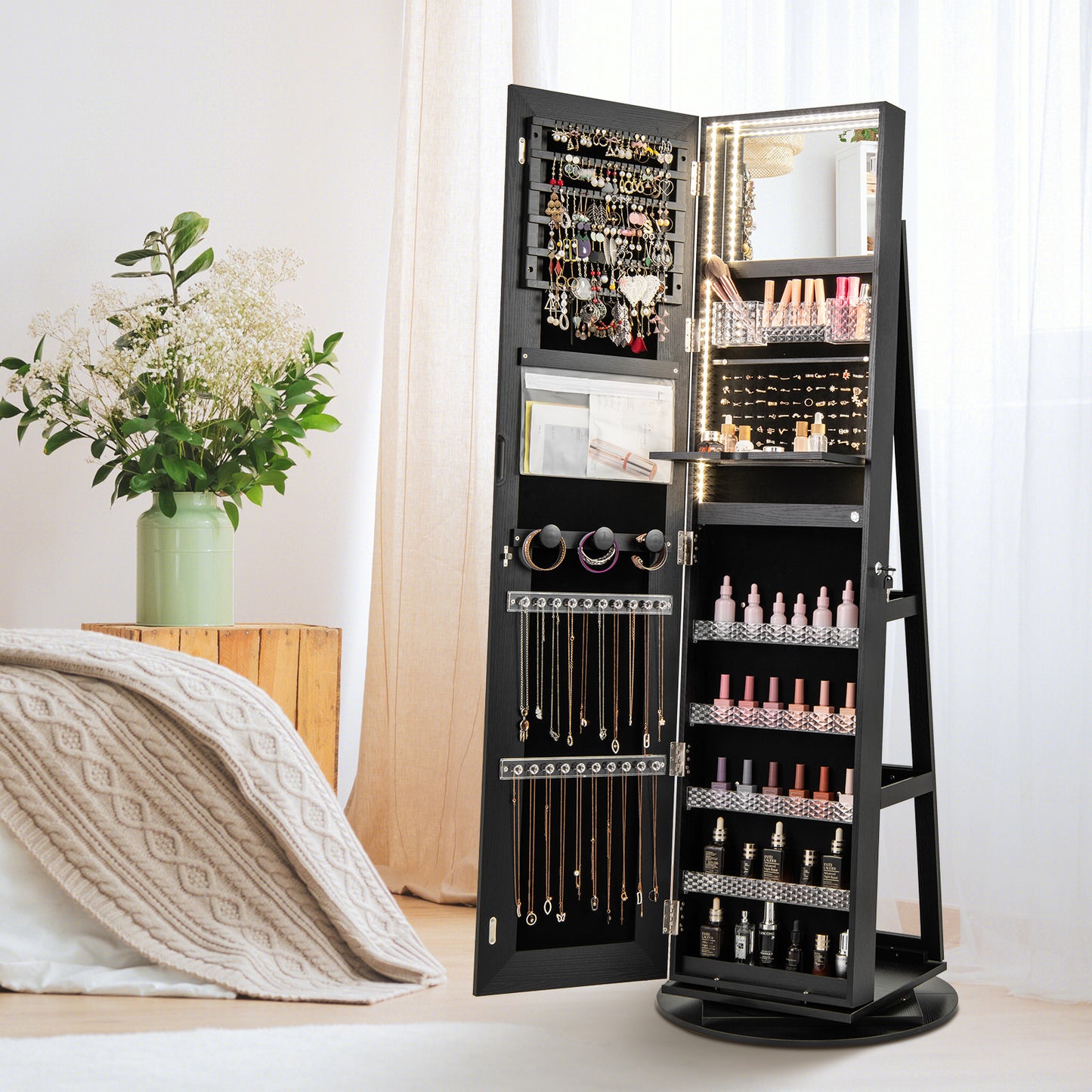 4-in-1 Standing Jewelry Cabinet with Full-Length LED Mirror, Lockable Storage, Rotating Base and Foldable Vanity Shelf – Black