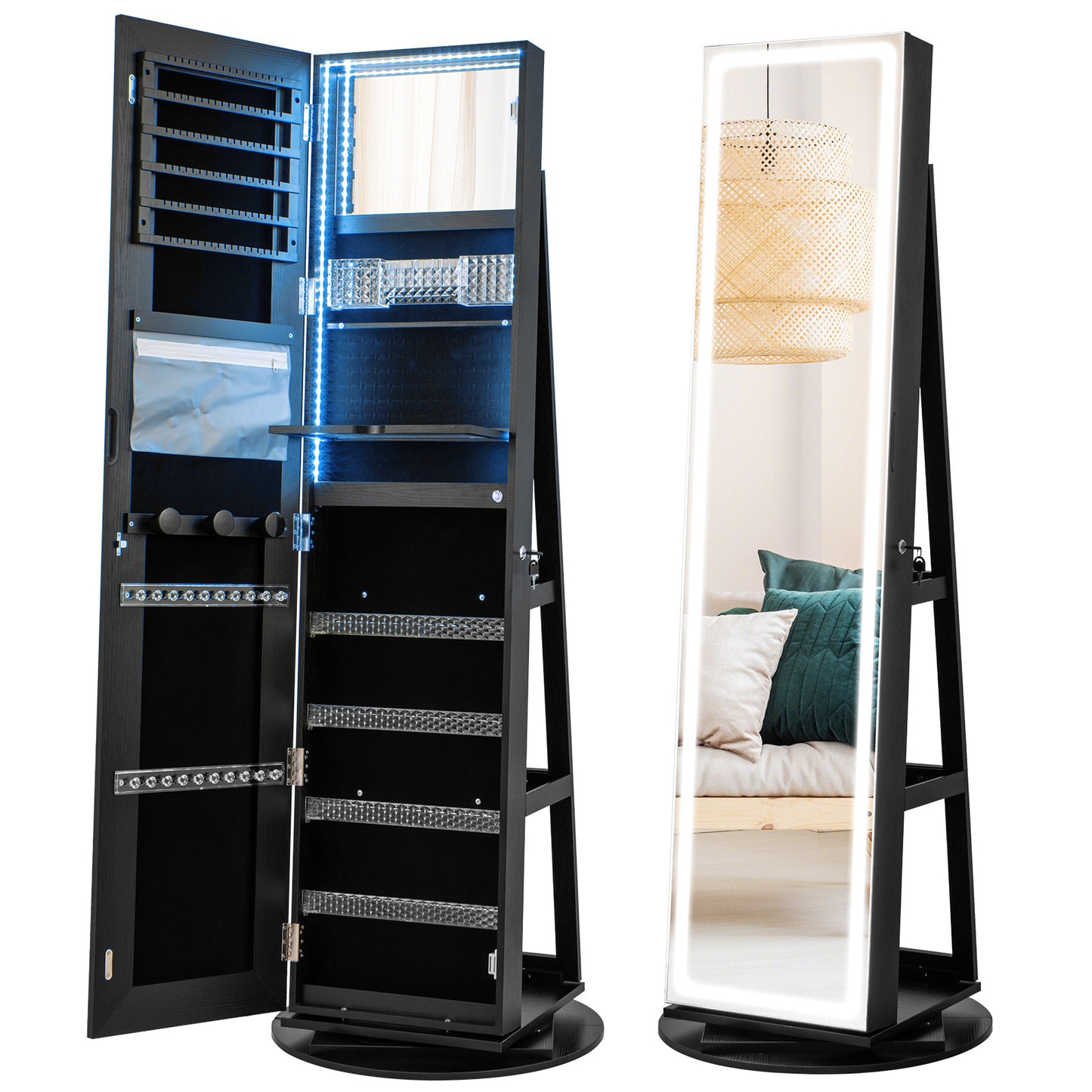 4-in-1 Standing Jewelry Cabinet with Full-Length LED Mirror, Lockable Storage, Rotating Base and Foldable Vanity Shelf – Black