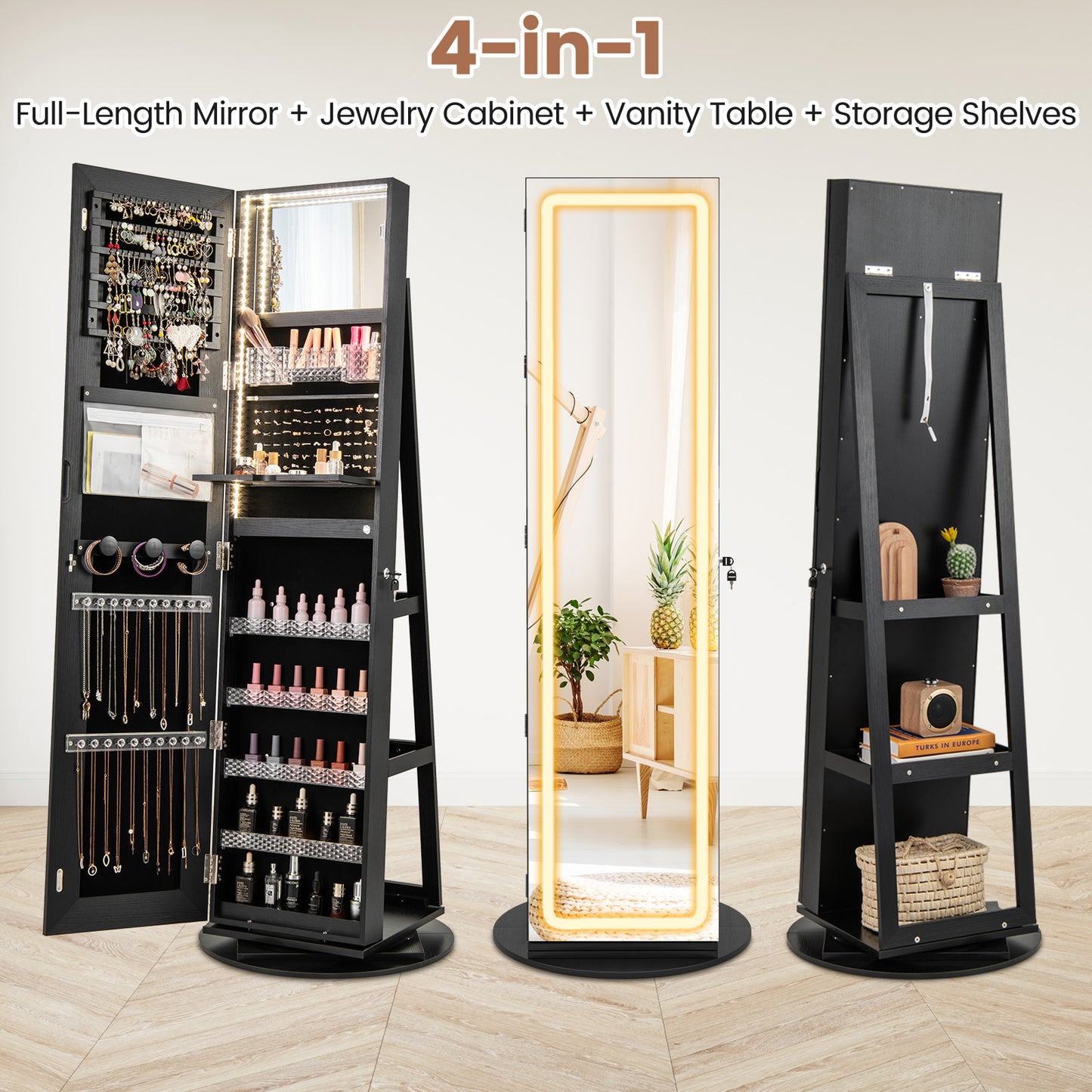 4-in-1 Standing Jewelry Cabinet with Full-Length LED Mirror, Lockable Storage, Rotating Base and Foldable Vanity Shelf – Black