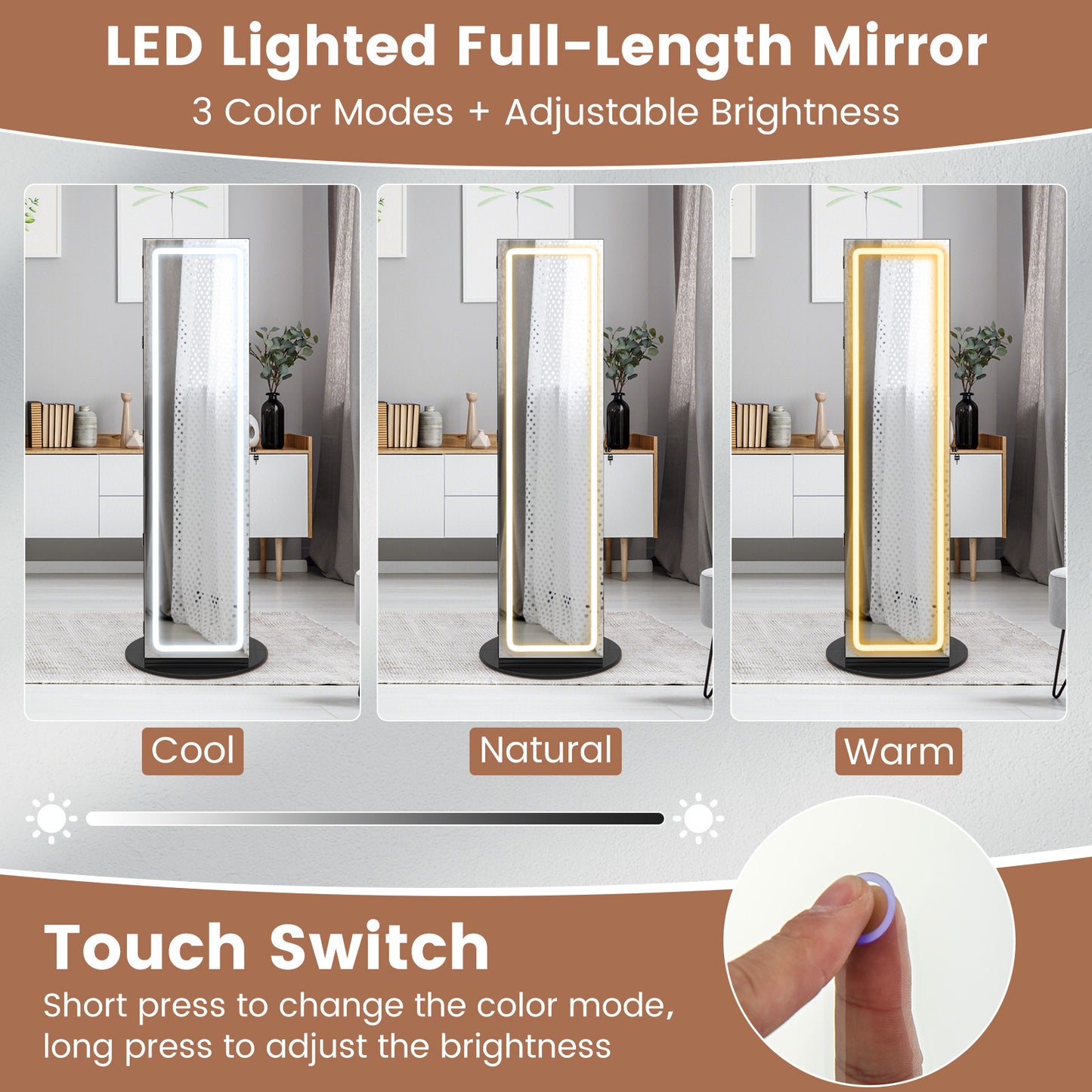 4-in-1 Standing Jewelry Cabinet with Full-Length LED Mirror, Lockable Storage, Rotating Base and Foldable Vanity Shelf – Black