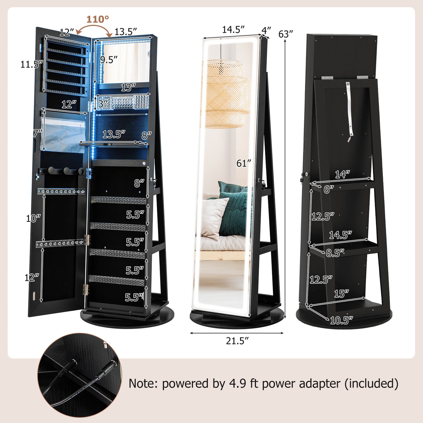 4-in-1 Standing Jewelry Cabinet with Full-Length LED Mirror, Lockable Storage, Rotating Base and Foldable Vanity Shelf – Black
