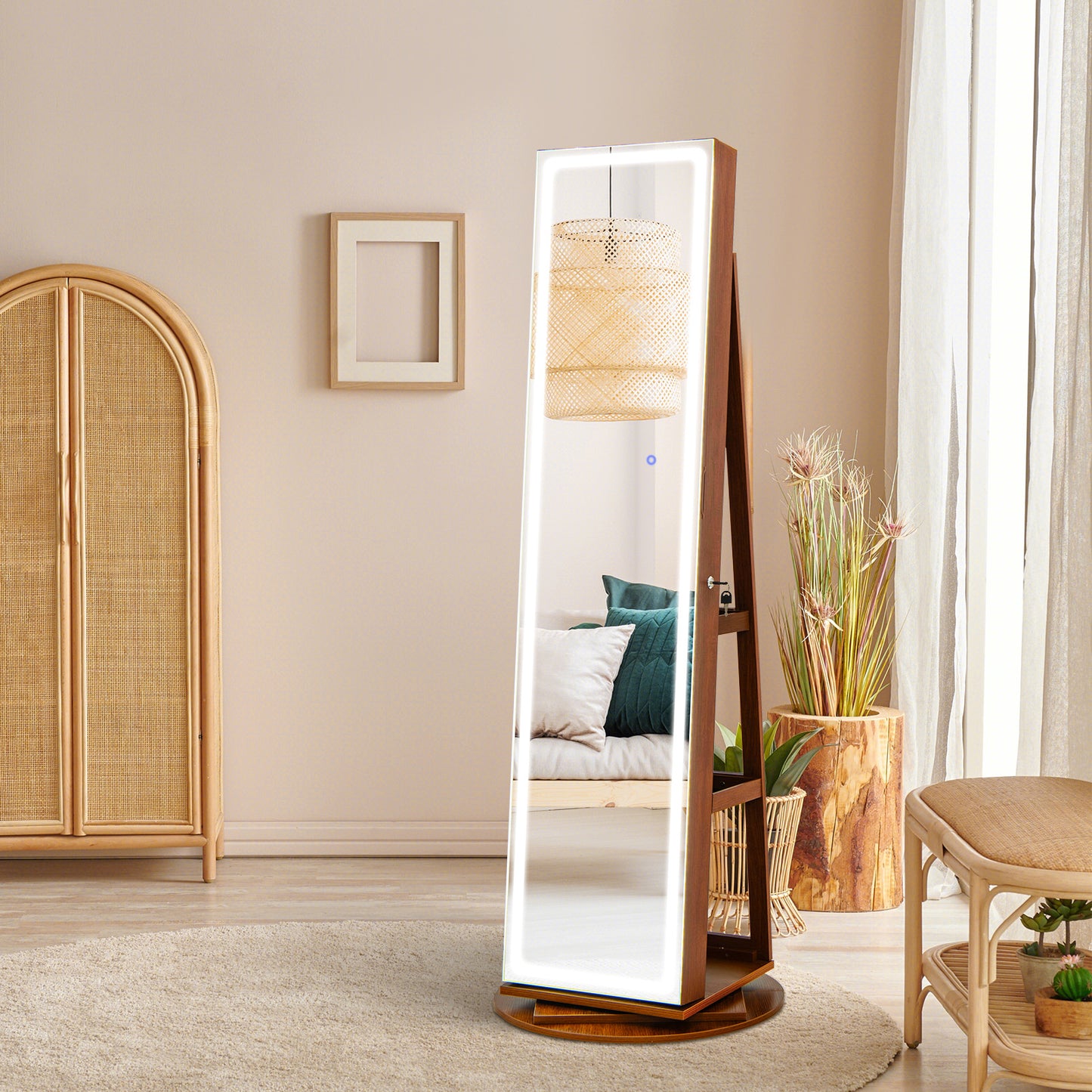 4-in-1 Standing Jewelry Cabinet with Full-Length LED Mirror, Lockable Storage, Rotating Base and Foldable Vanity Shelf – Brown