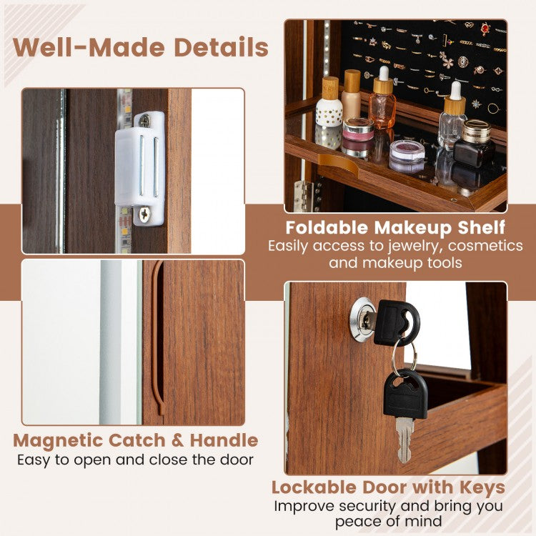4-in-1 Standing Jewelry Cabinet with Full-Length LED Mirror, Lockable Storage, Rotating Base and Foldable Vanity Shelf – Brown