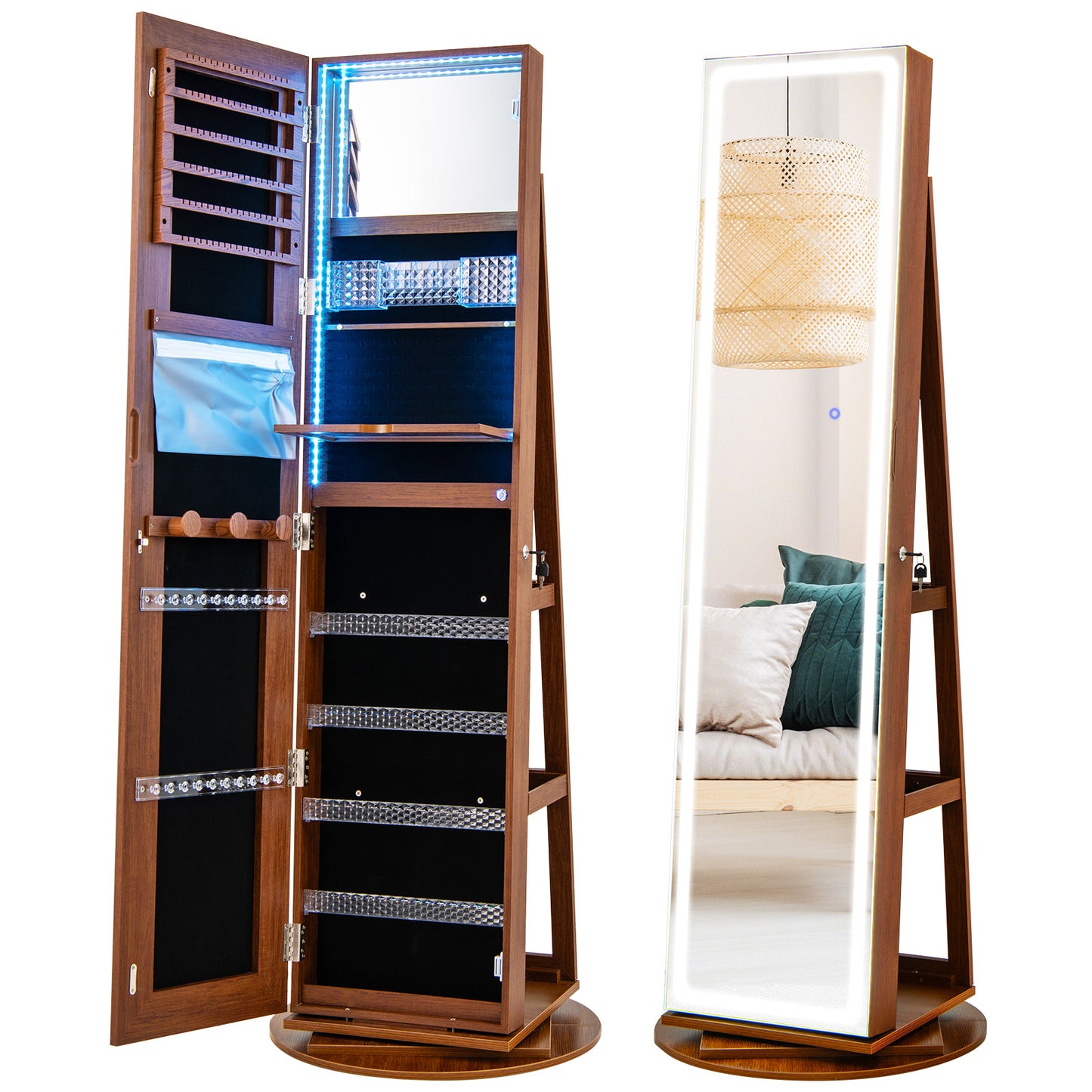 4-in-1 Standing Jewelry Cabinet with Full-Length LED Mirror, Lockable Storage, Rotating Base and Foldable Vanity Shelf – Brown