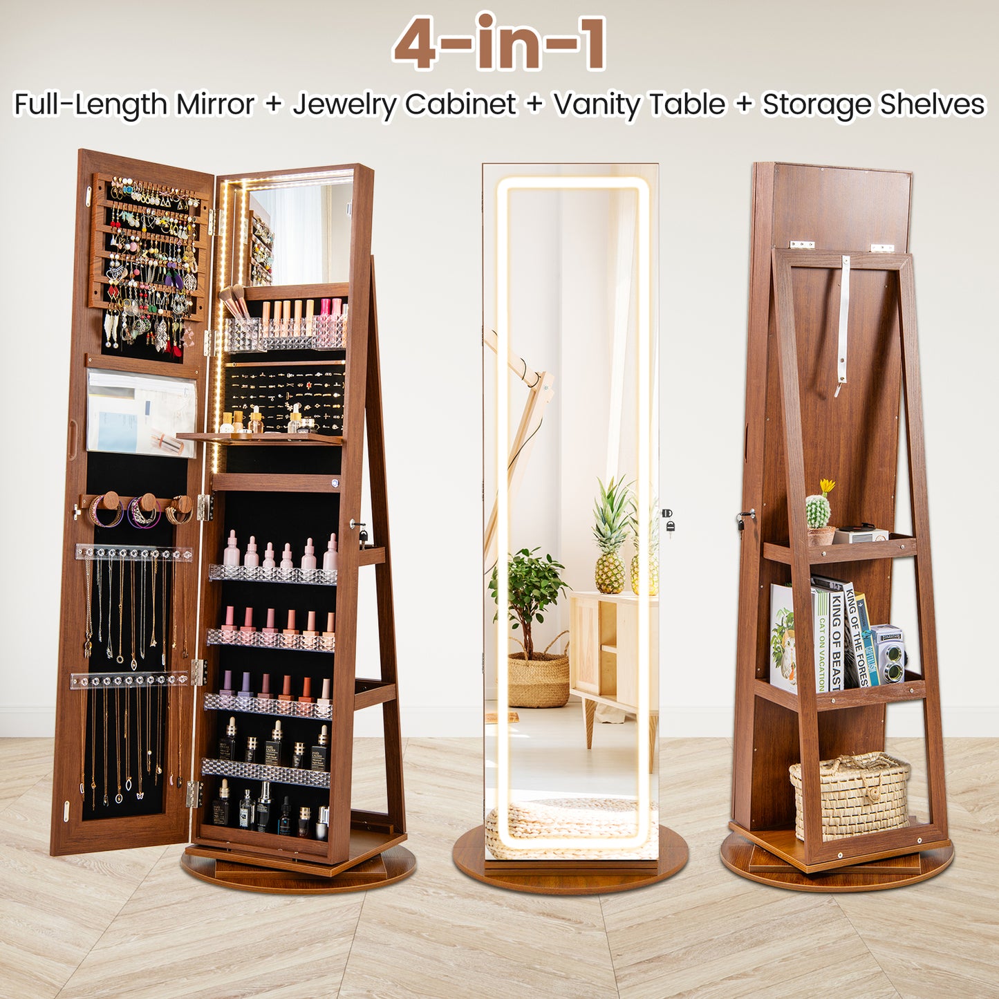 4-in-1 Standing Jewelry Cabinet with Full-Length LED Mirror, Lockable Storage, Rotating Base and Foldable Vanity Shelf – Brown