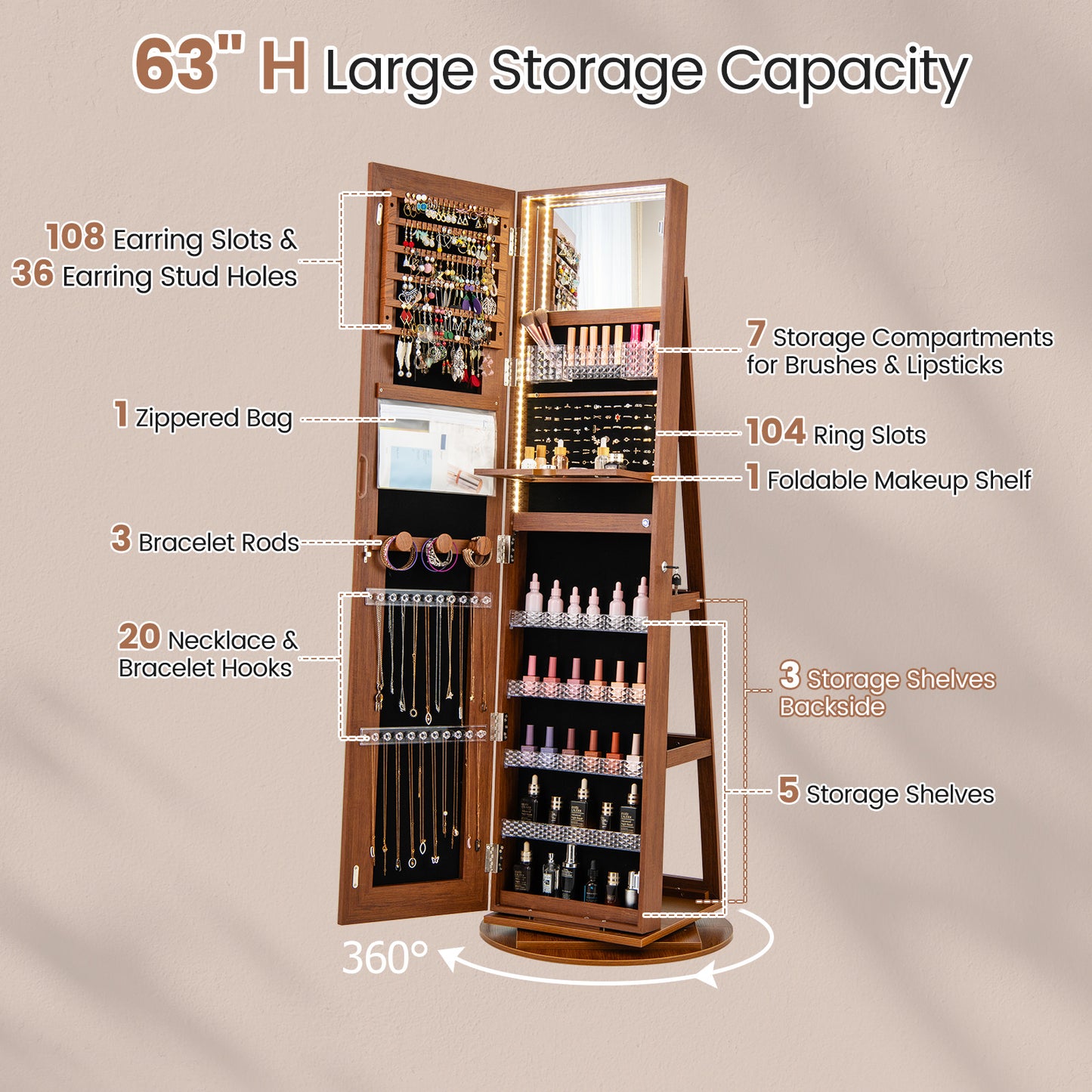 4-in-1 Standing Jewelry Cabinet with Full-Length LED Mirror, Lockable Storage, Rotating Base and Foldable Vanity Shelf – Brown