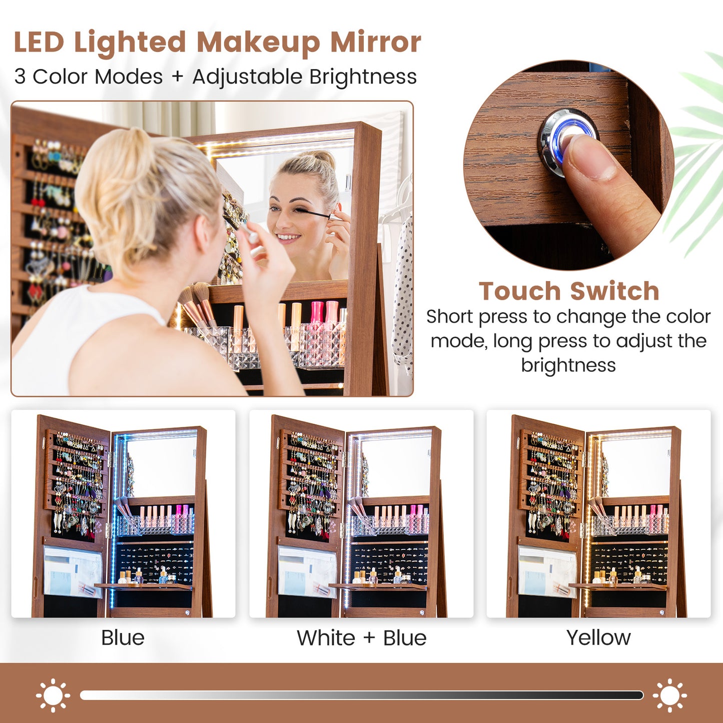 4-in-1 Standing Jewelry Cabinet with Full-Length LED Mirror, Lockable Storage, Rotating Base and Foldable Vanity Shelf – Brown