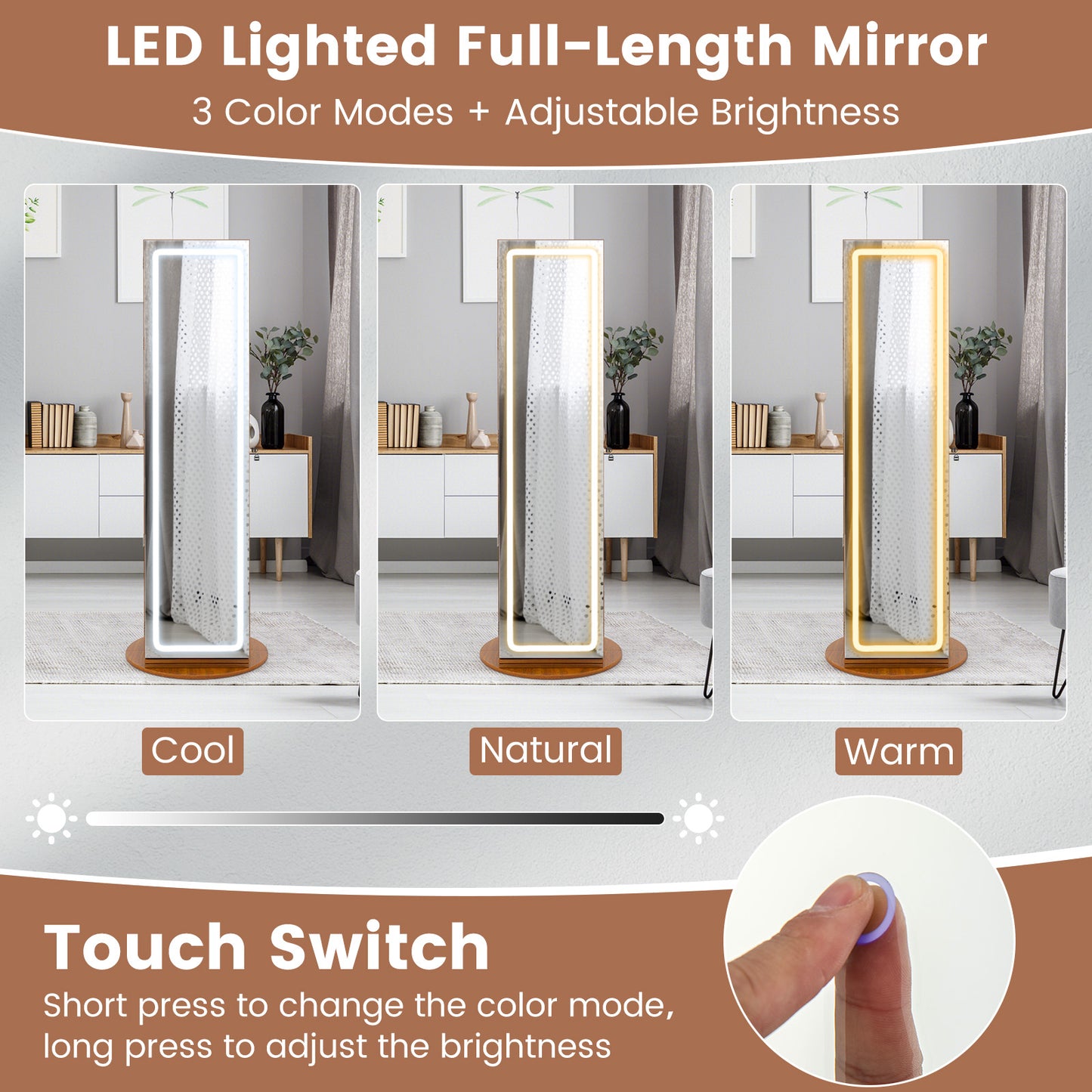 4-in-1 Standing Jewelry Cabinet with Full-Length LED Mirror, Lockable Storage, Rotating Base and Foldable Vanity Shelf – Brown