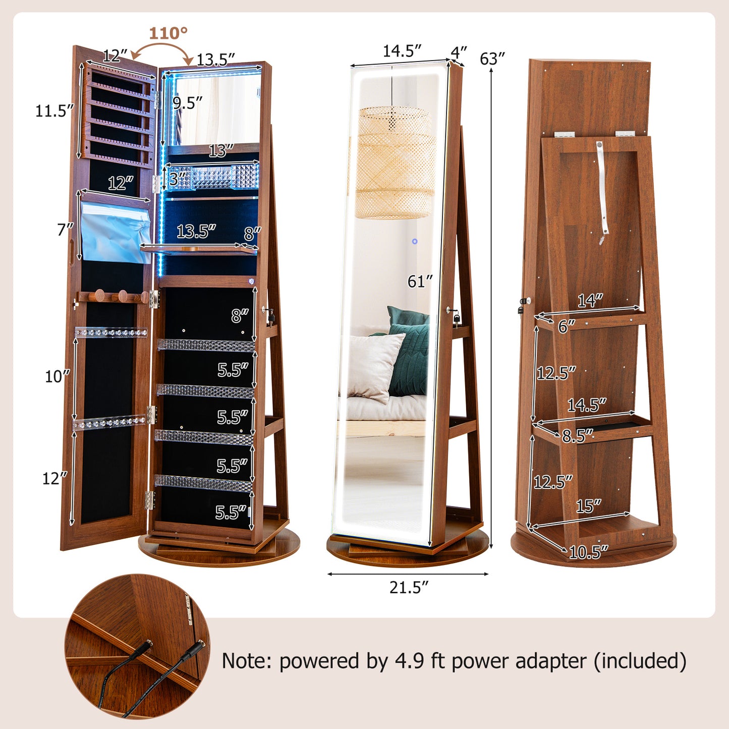 4-in-1 Standing Jewelry Cabinet with Full-Length LED Mirror, Lockable Storage, Rotating Base and Foldable Vanity Shelf – Brown