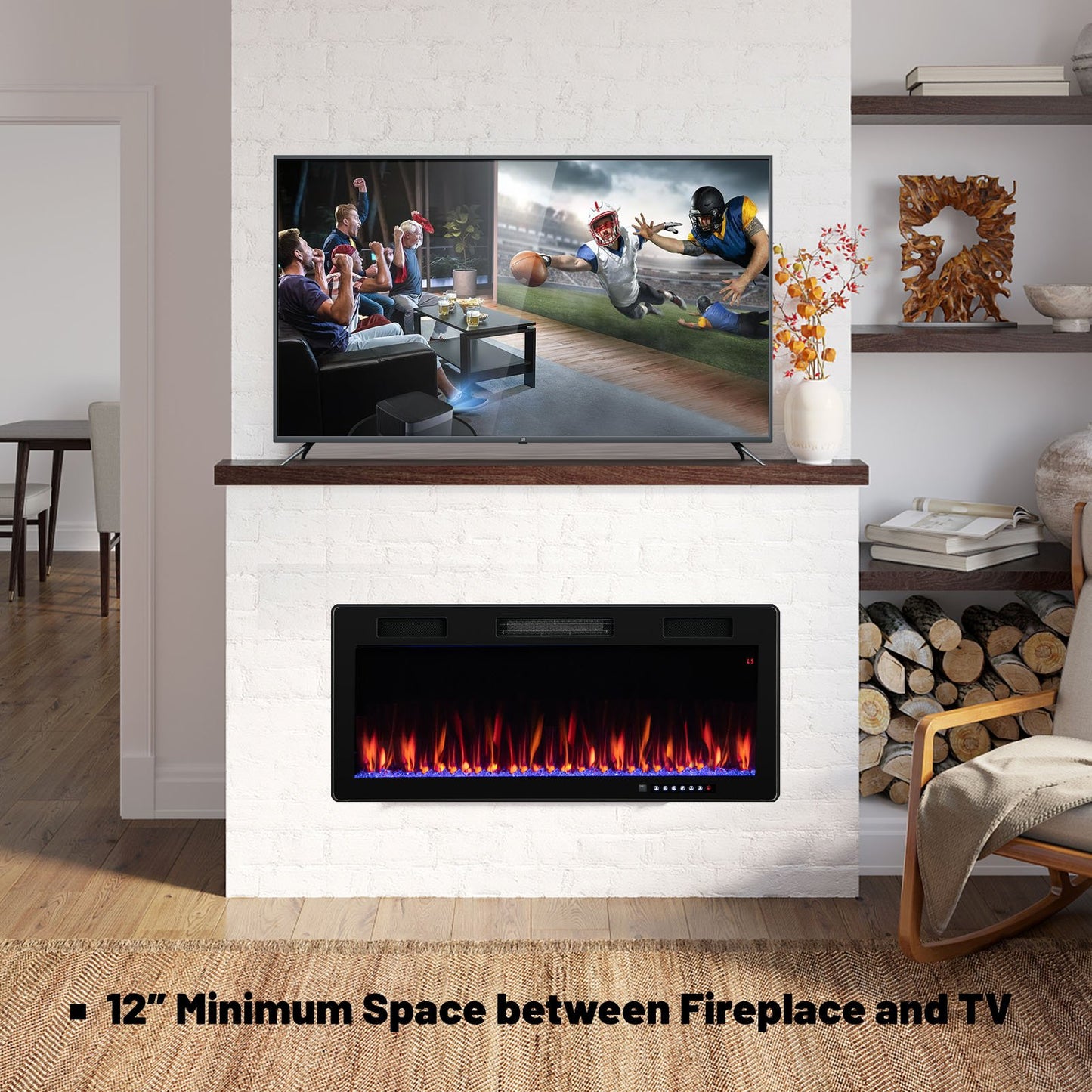 40/50/60 Inch Electric Fireplace for Recessed or Wall Mounted Installation, Fits 2' x 6' Stud