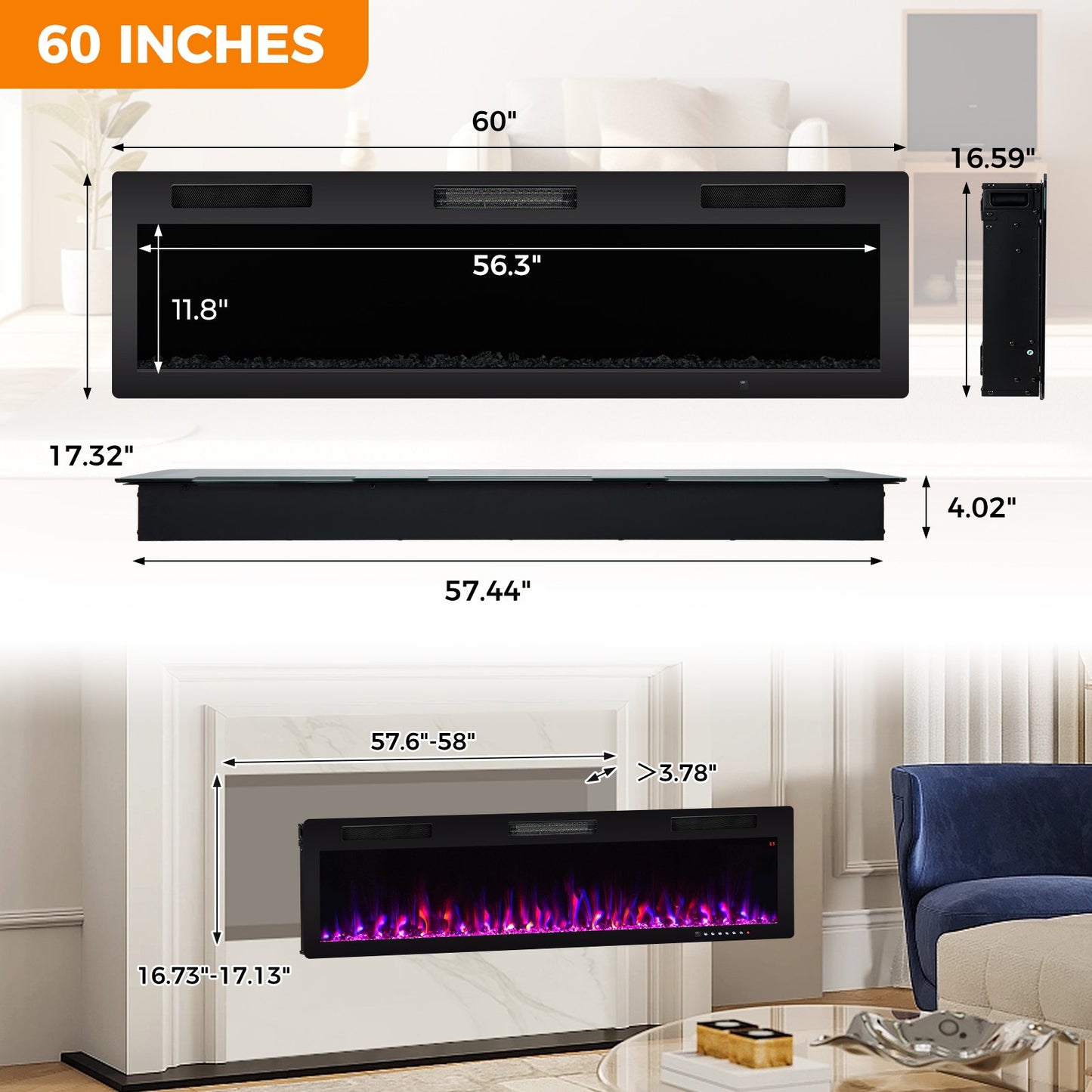 40/50/60 Inch Electric Fireplace for Recessed or Wall Mounted Installation, Fits 2' x 6' Stud
