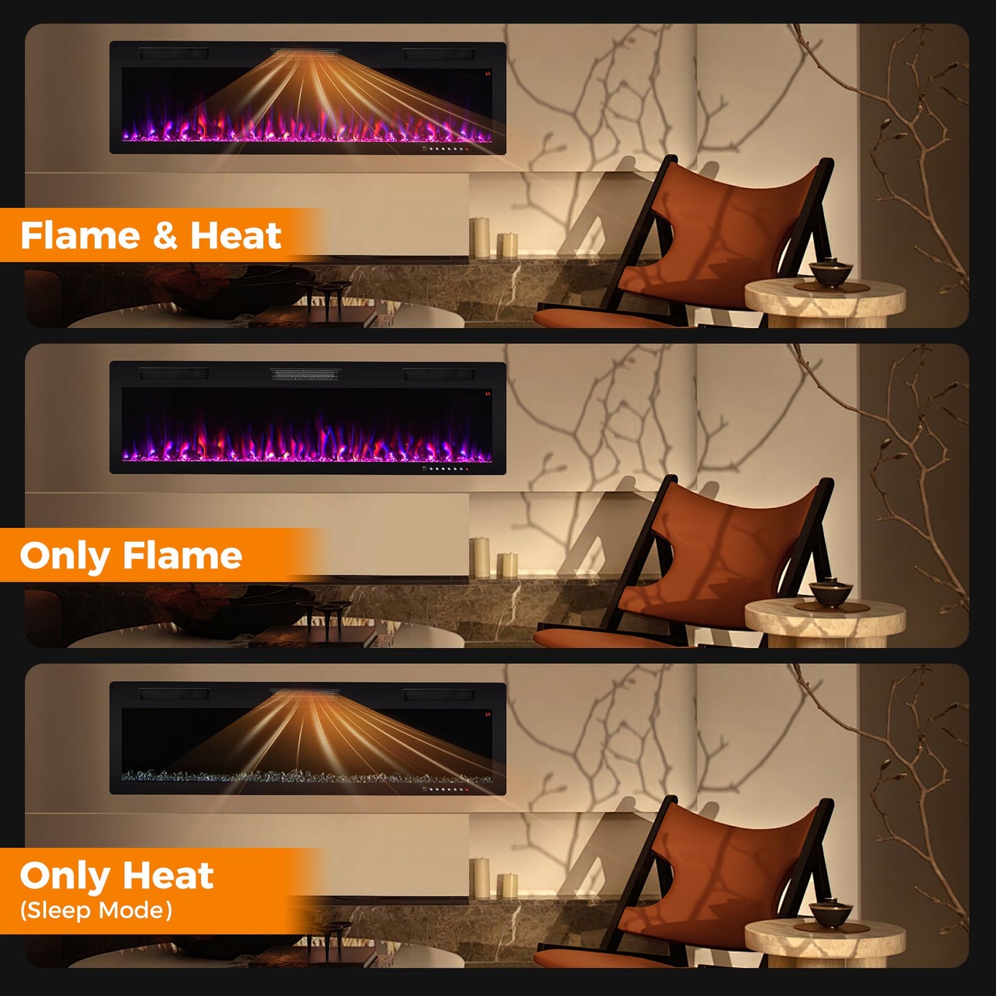40/50/60 Inch Electric Fireplace for Recessed or Wall Mounted Installation, Fits 2' x 6' Stud