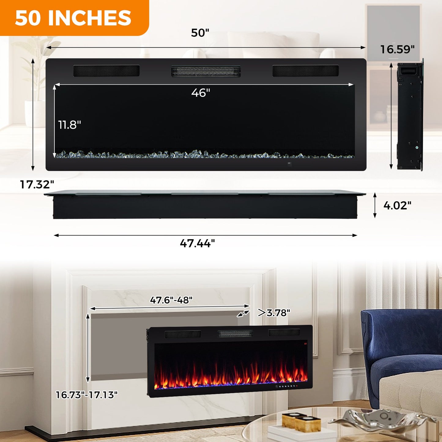 40/50/60 Inch Electric Fireplace for Recessed or Wall Mounted Installation, Fits 2' x 6' Stud