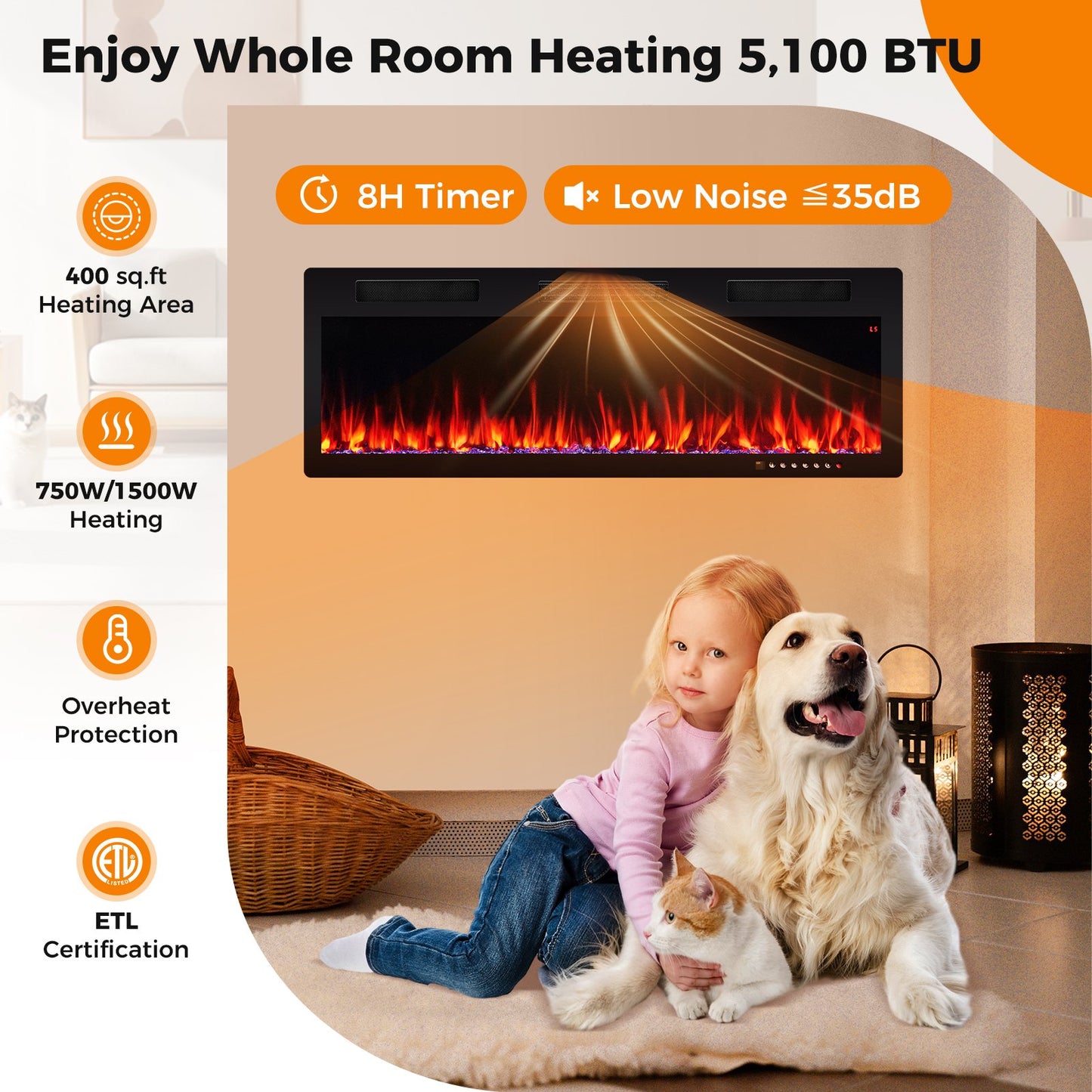 40/50/60 Inch Electric Fireplace for Recessed or Wall Mounted Installation, Fits 2' x 6' Stud