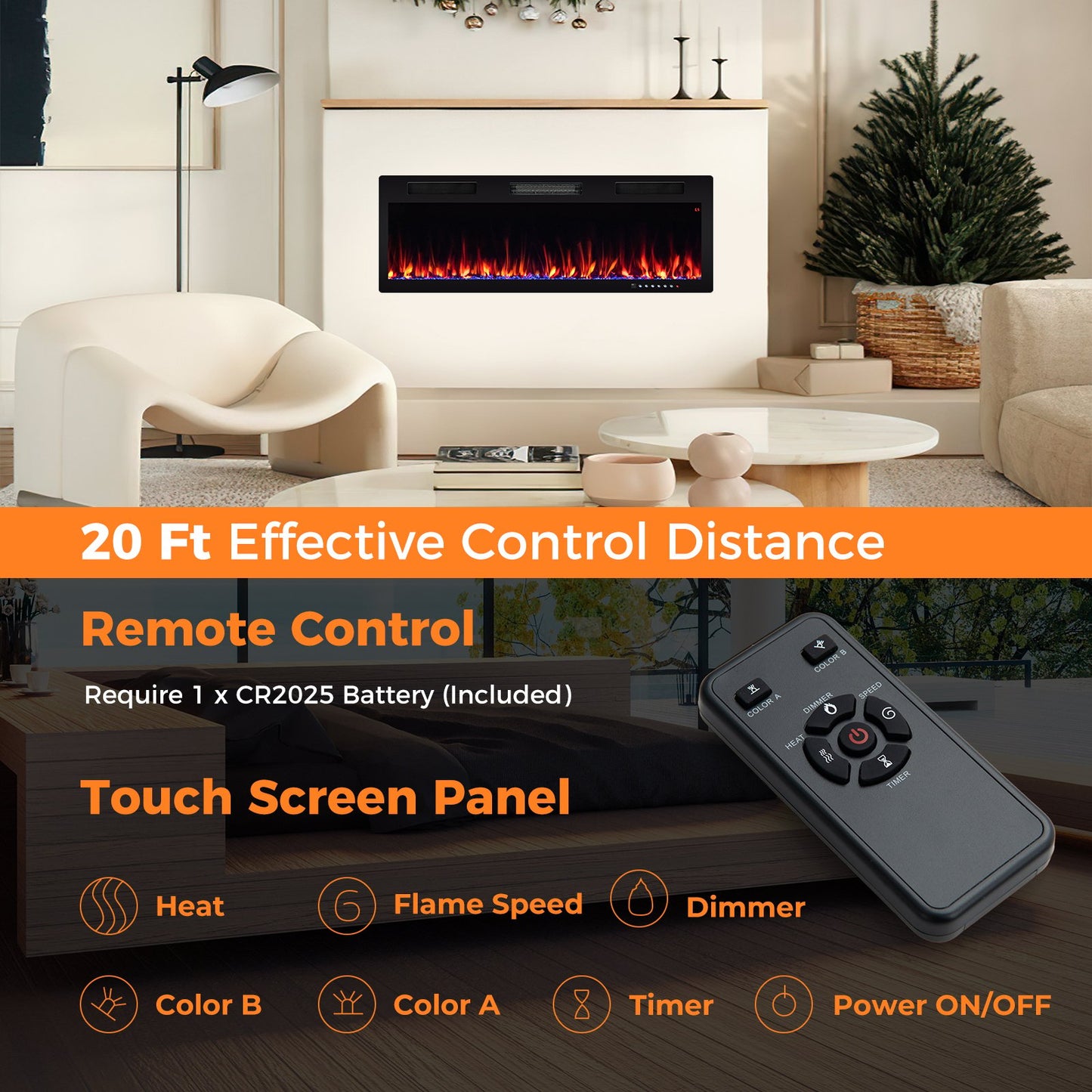 40/50/60 Inch Electric Fireplace for Recessed or Wall Mounted Installation, Fits 2' x 6' Stud