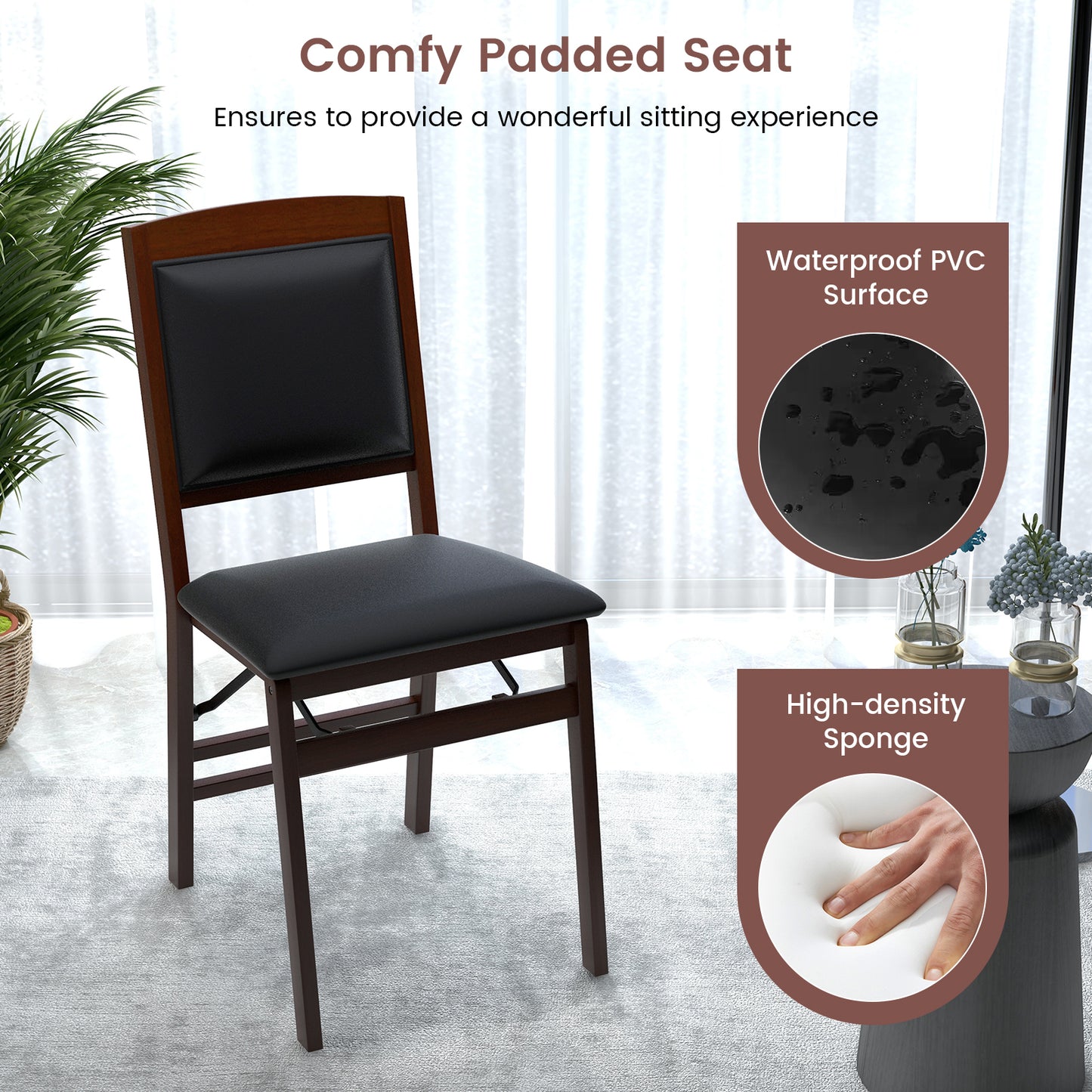 2-Piece Folding Dining Chairs with Padded Seat and High Backrest