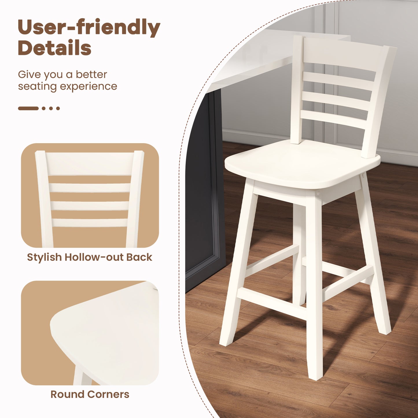 Wooden Counter Bar Chairs Set of 2 with Supportive Footrest in While Finish