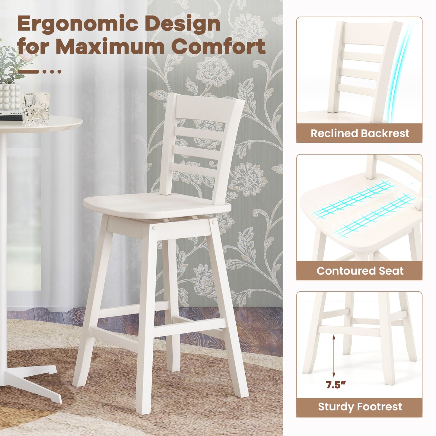 Wooden Counter Bar Chairs Set of 2 with Supportive Footrest in While Finish