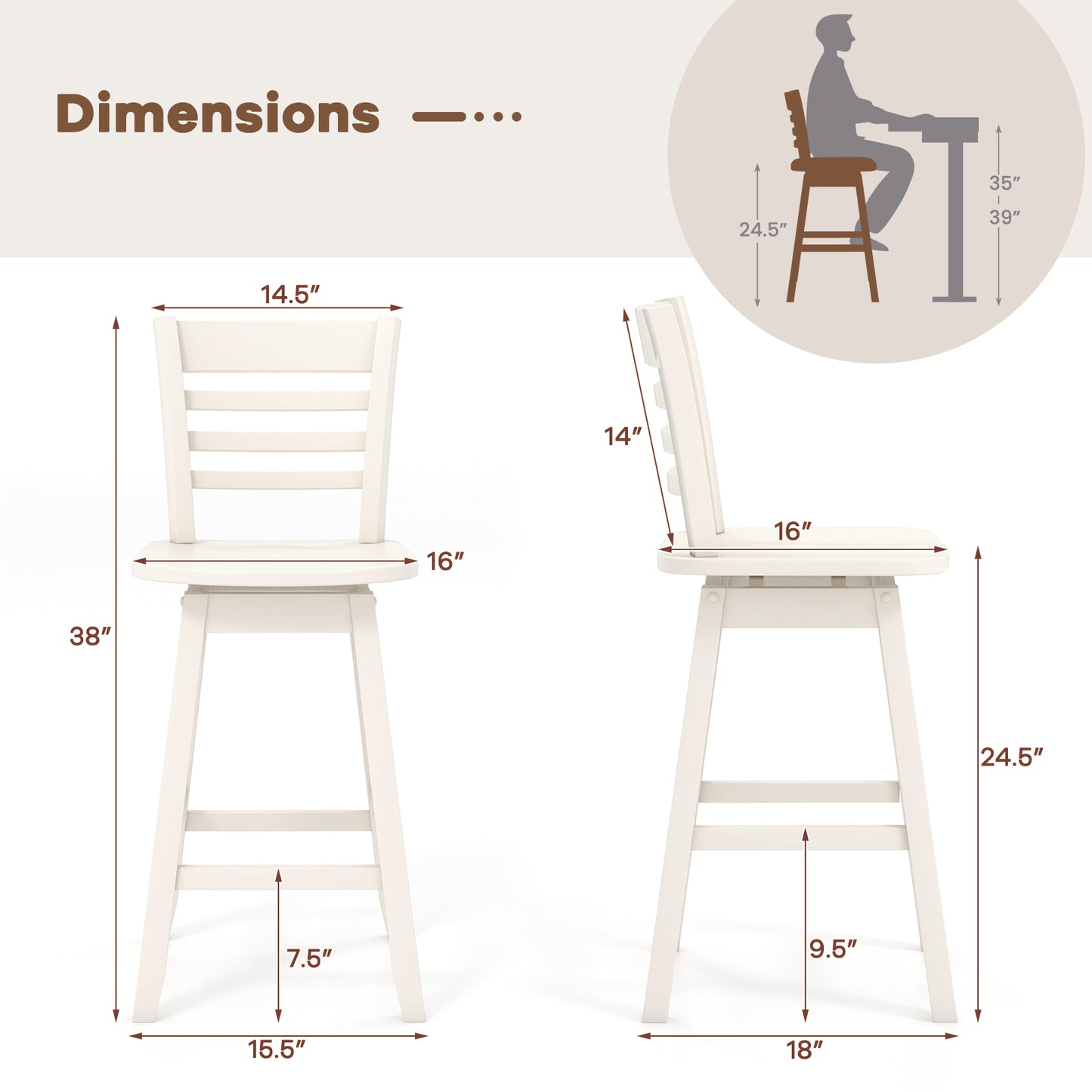 Wooden Counter Bar Chairs Set of 2 with Supportive Footrest in While Finish