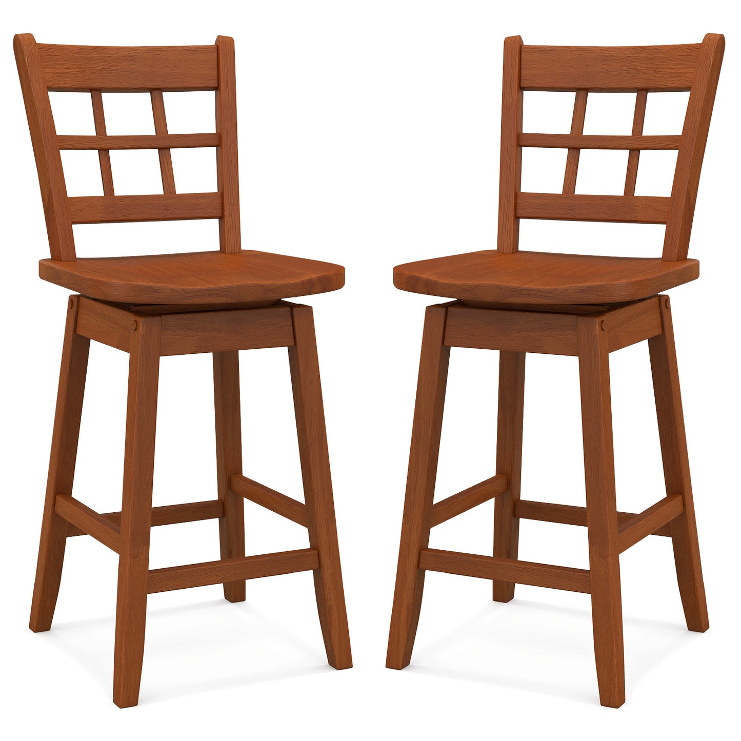 Set of 2 Counter Height Bar Stools with 6-Grid Hollow Back and Contoured Seat in Brown