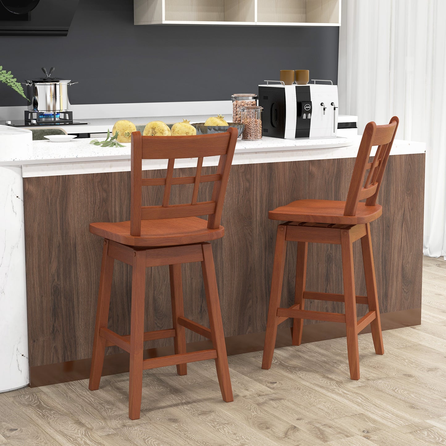Set of 2 Counter Height Bar Stools with 6-Grid Hollow Back and Contoured Seat in Brown