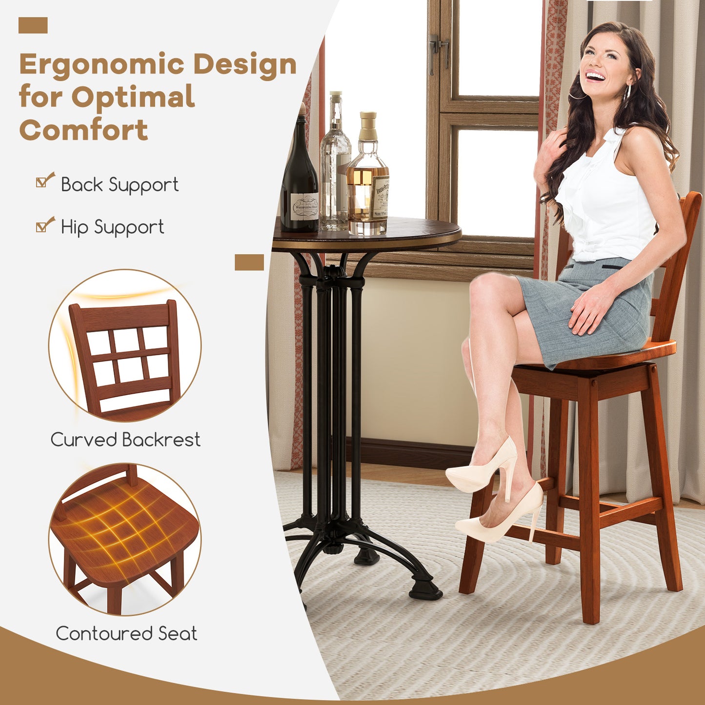 Set of 2 Counter Height Bar Stools with 6-Grid Hollow Back and Contoured Seat in Brown