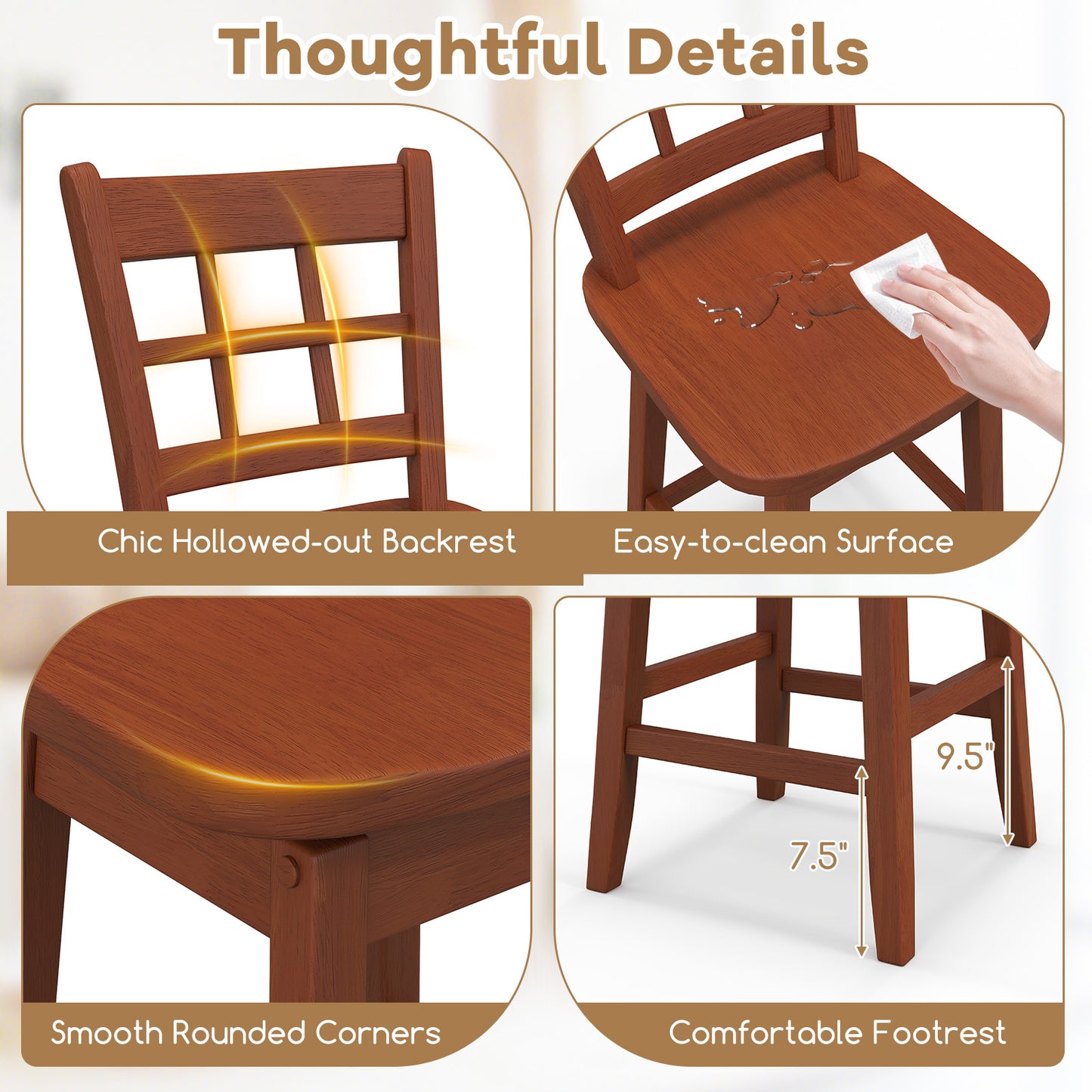Set of 2 Counter Height Bar Stools with 6-Grid Hollow Back and Contoured Seat in Brown