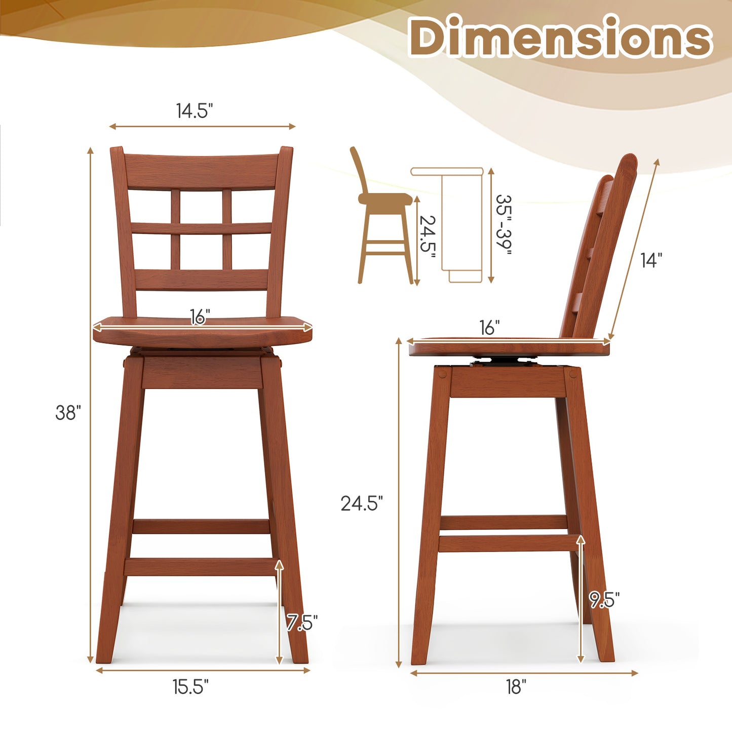 Set of 2 Counter Height Bar Stools with 6-Grid Hollow Back and Contoured Seat in Brown