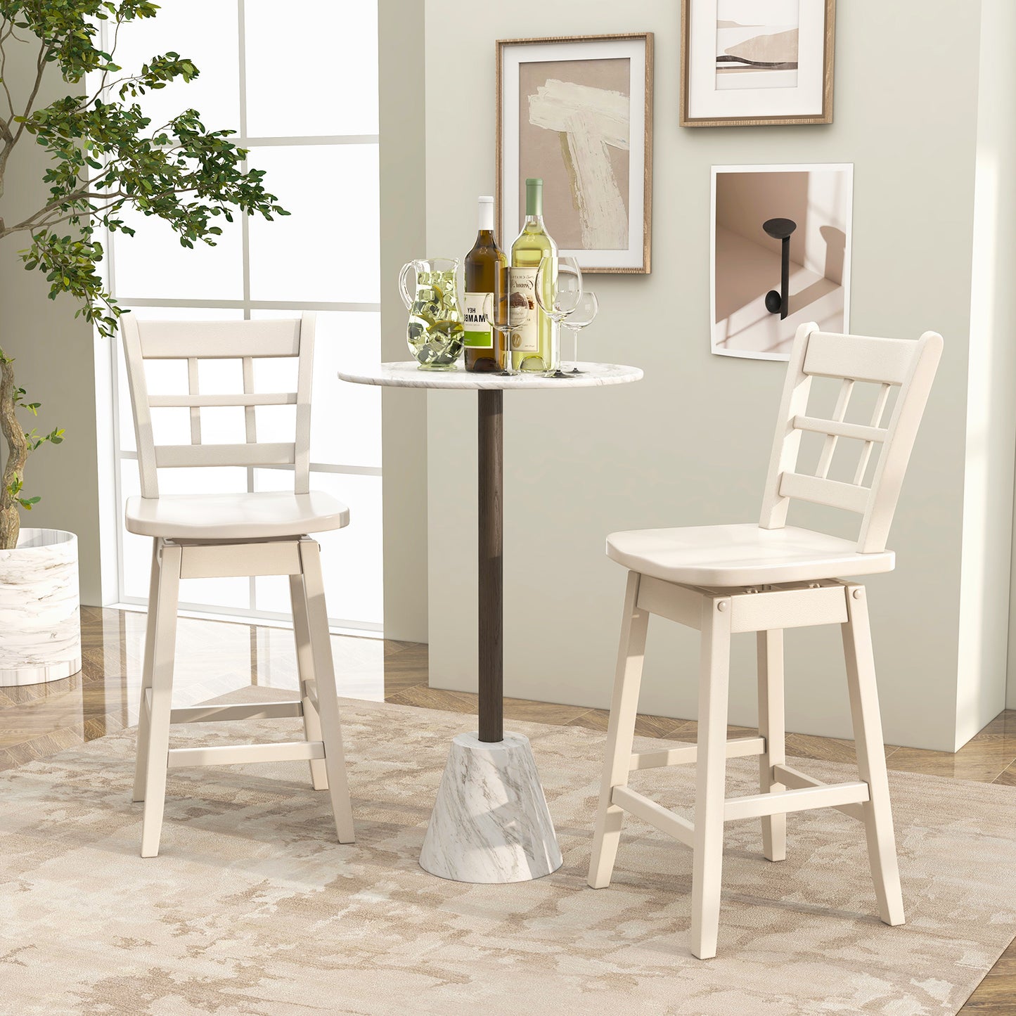 Set of 2 Counter Height Bar Stools with 6-Grid Hollow Back and Contoured Seat in White
