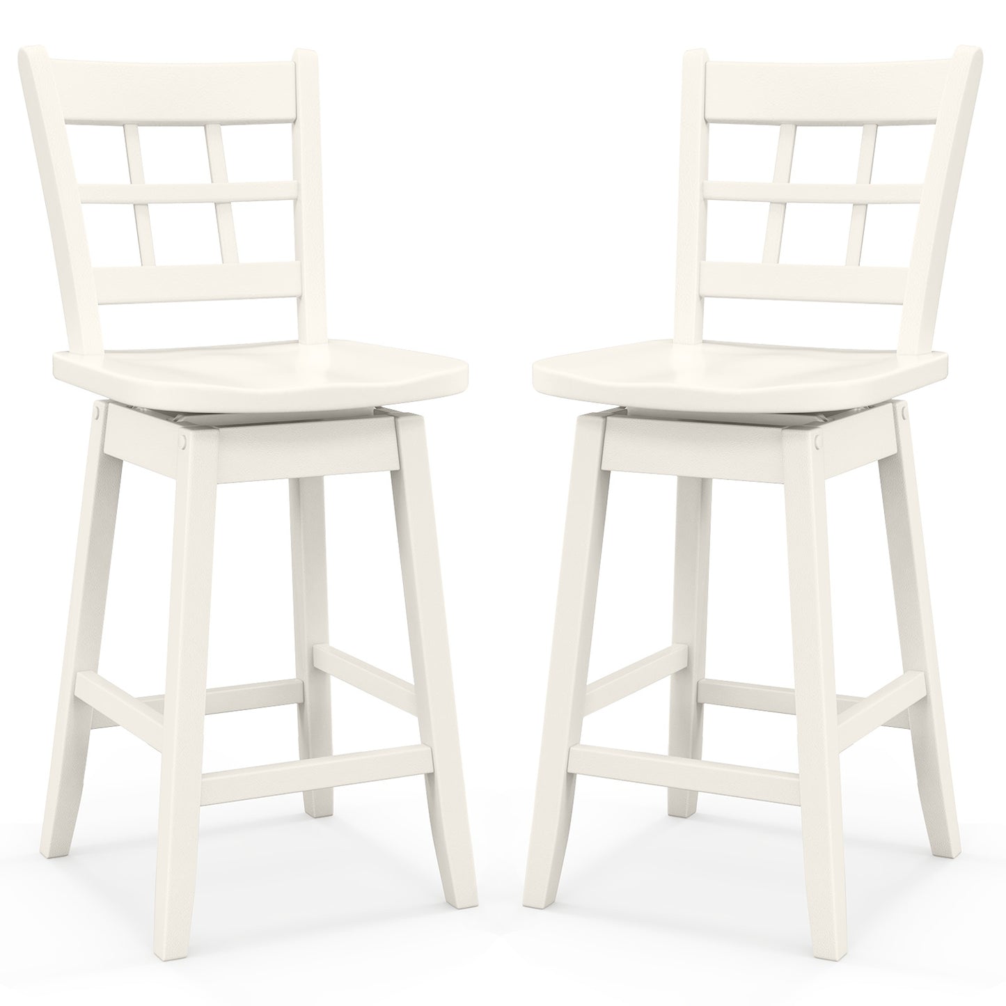 Set of 2 Counter Height Bar Stools with 6-Grid Hollow Back and Contoured Seat in White