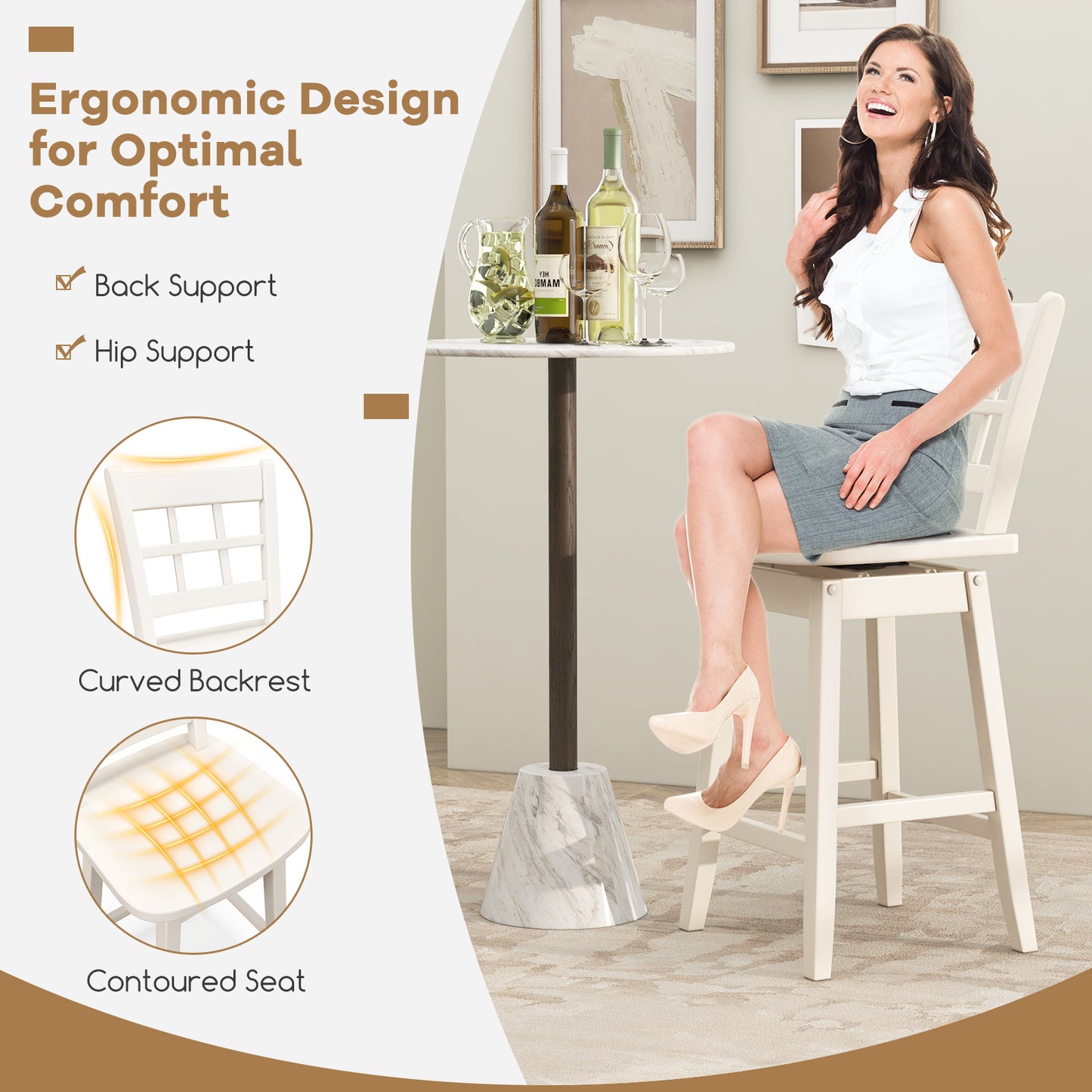 Set of 2 Counter Height Bar Stools with 6-Grid Hollow Back and Contoured Seat in White
