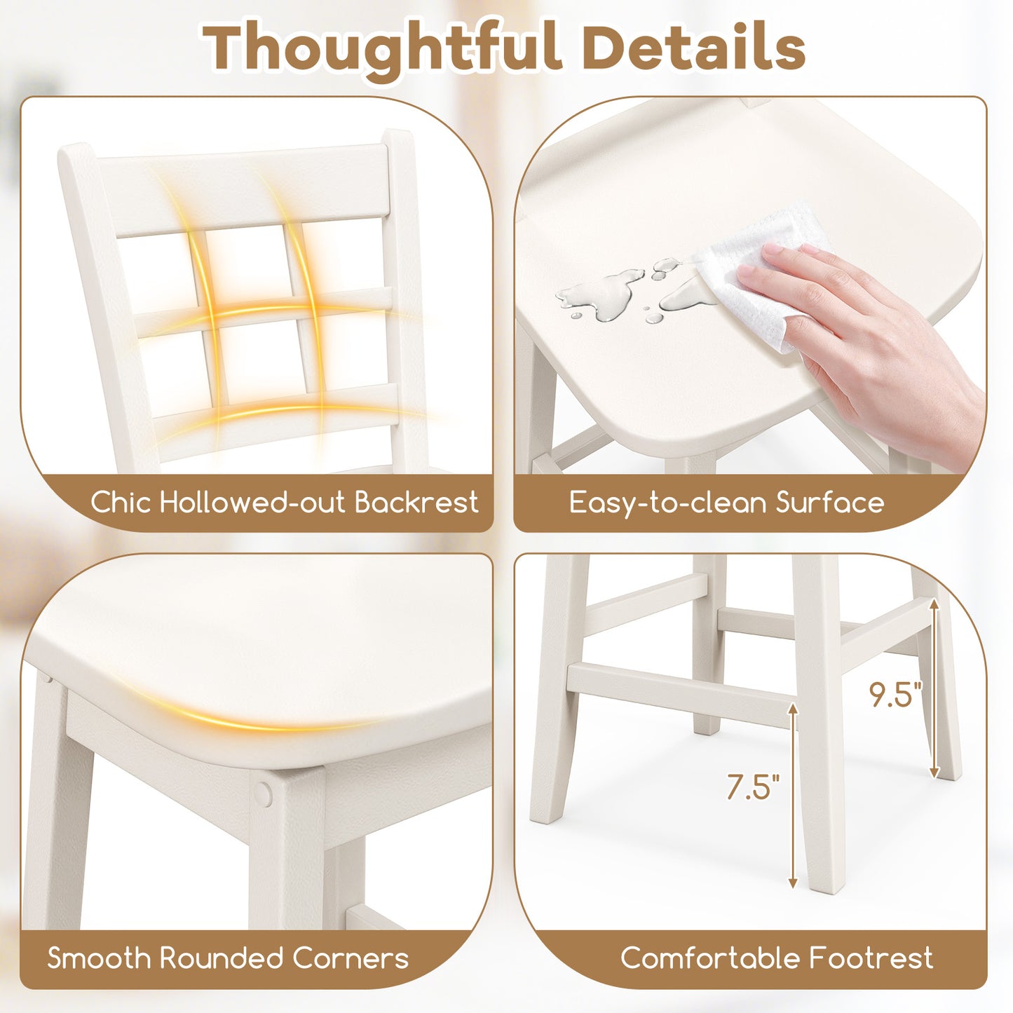 Set of 2 Counter Height Bar Stools with 6-Grid Hollow Back and Contoured Seat in White