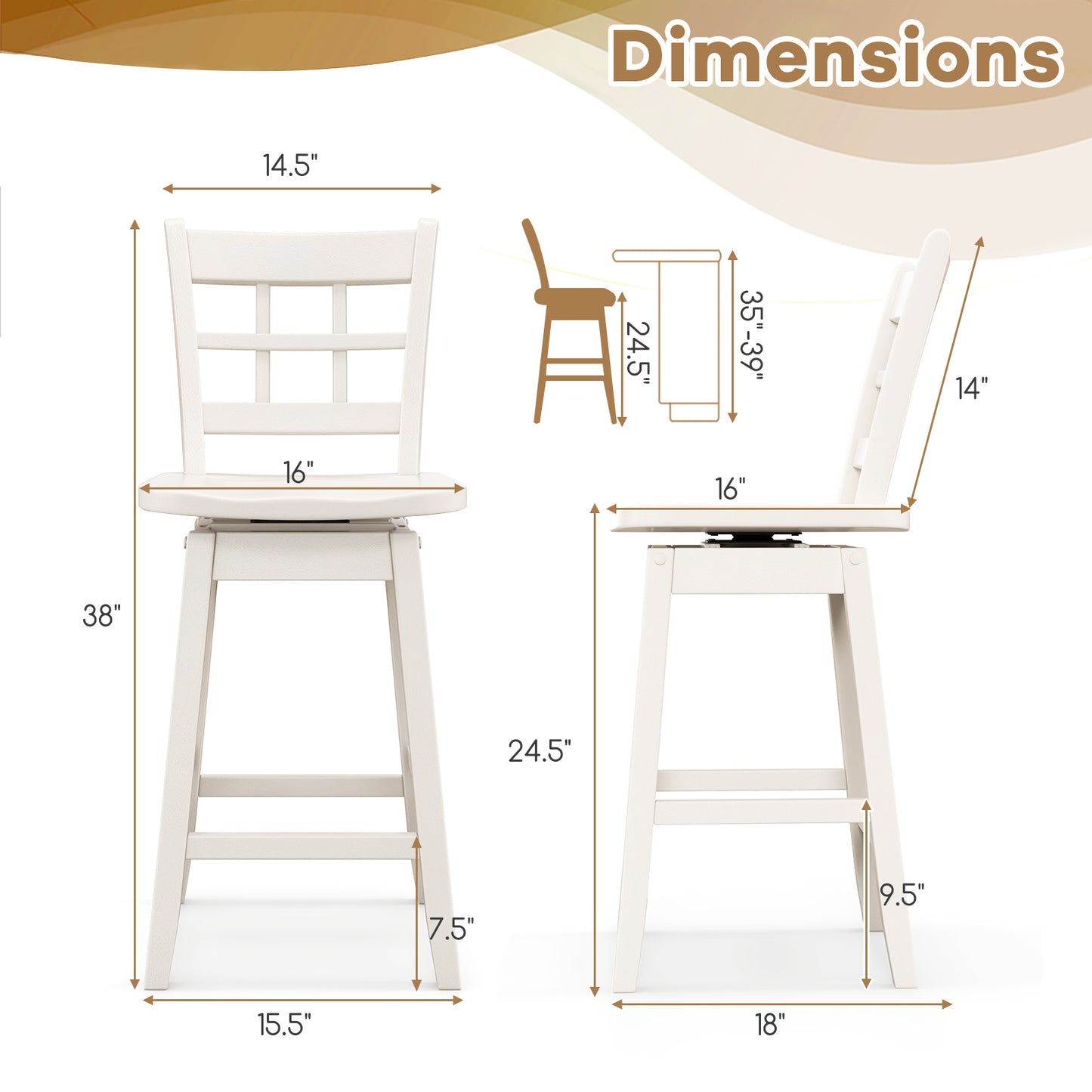 Set of 2 Counter Height Bar Stools with 6-Grid Hollow Back and Contoured Seat in White