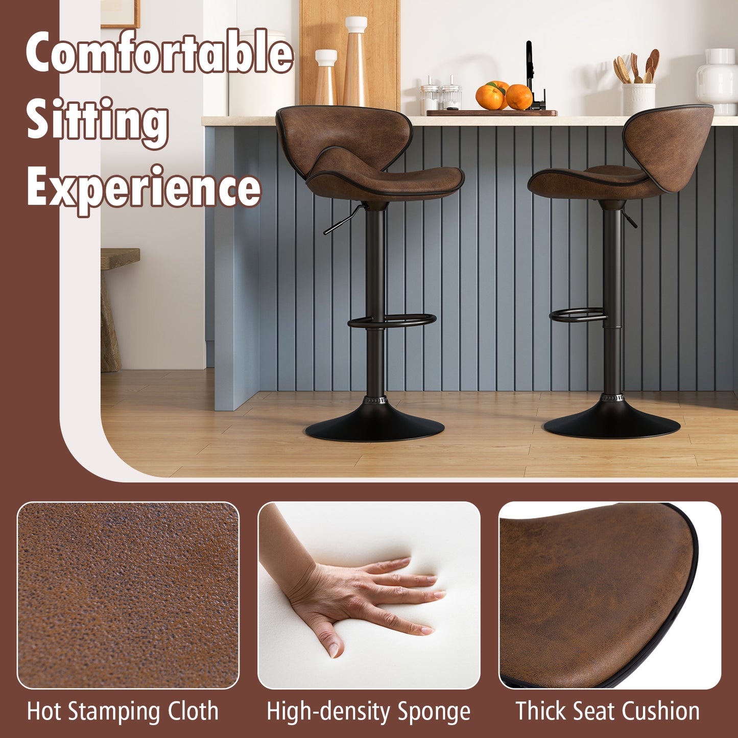 Adjustable Swivel Bar Chairs Set of 2 with Footrest and Cushioned Seat for Kitchen or Bar