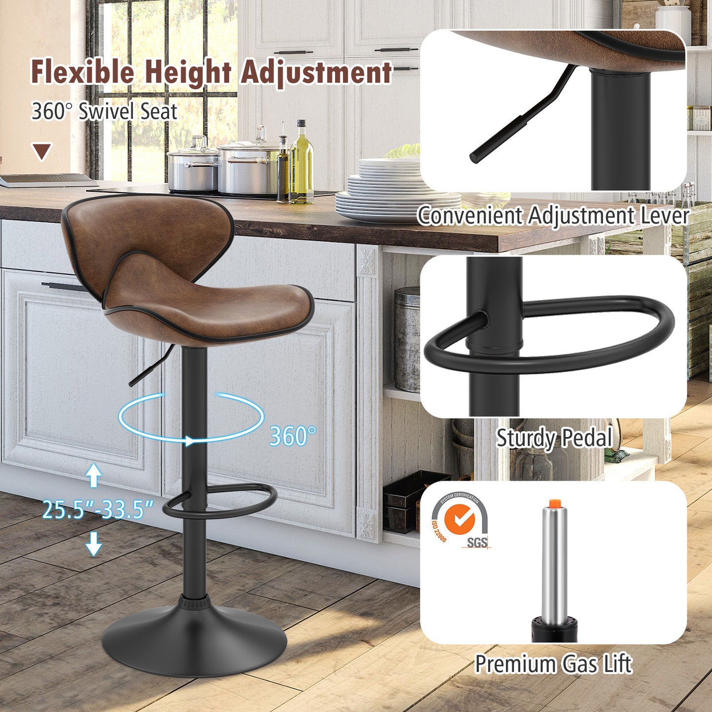 Adjustable Swivel Bar Chairs Set of 2 with Footrest and Cushioned Seat for Kitchen or Bar