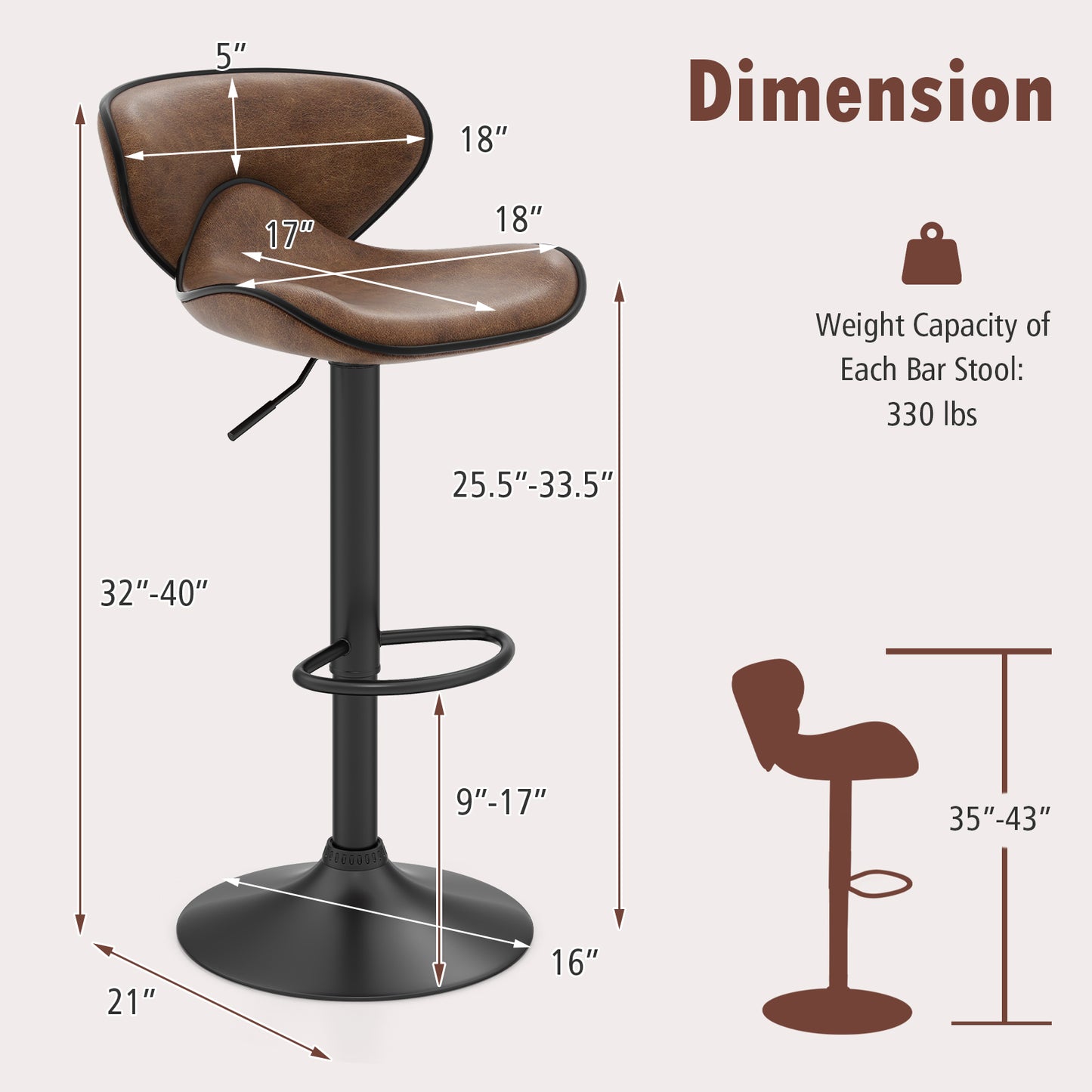 Adjustable Swivel Bar Chairs Set of 2 with Footrest and Cushioned Seat for Kitchen or Bar