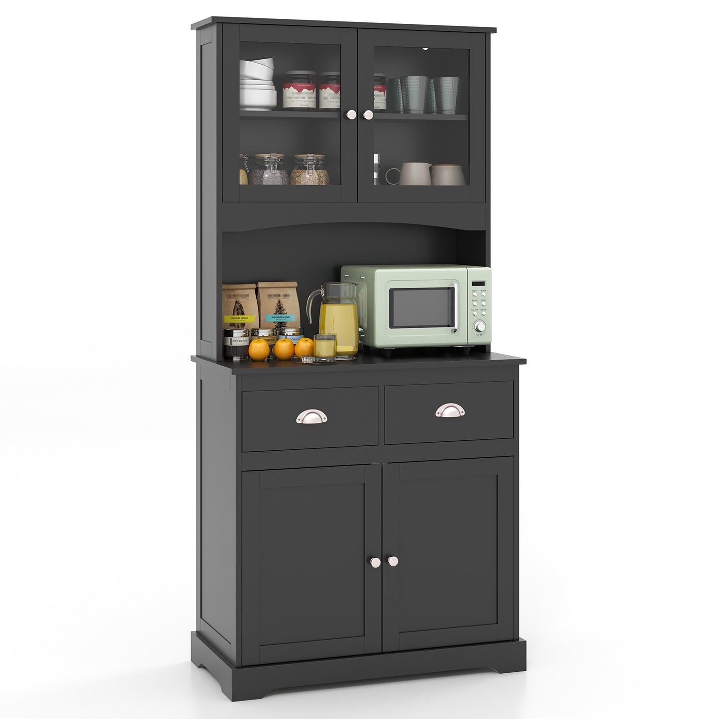 Tall Storage Cabinet with Glass Door Shelves and 2 Drawers for Kitchen or Living Room Black