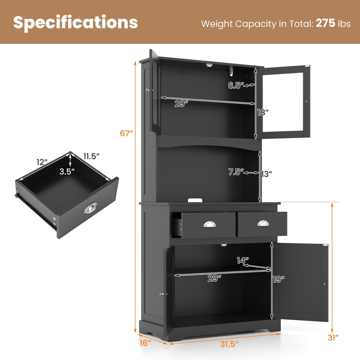 Tall Storage Cabinet with Glass Door Shelves and 2 Drawers for Kitchen or Living Room Black