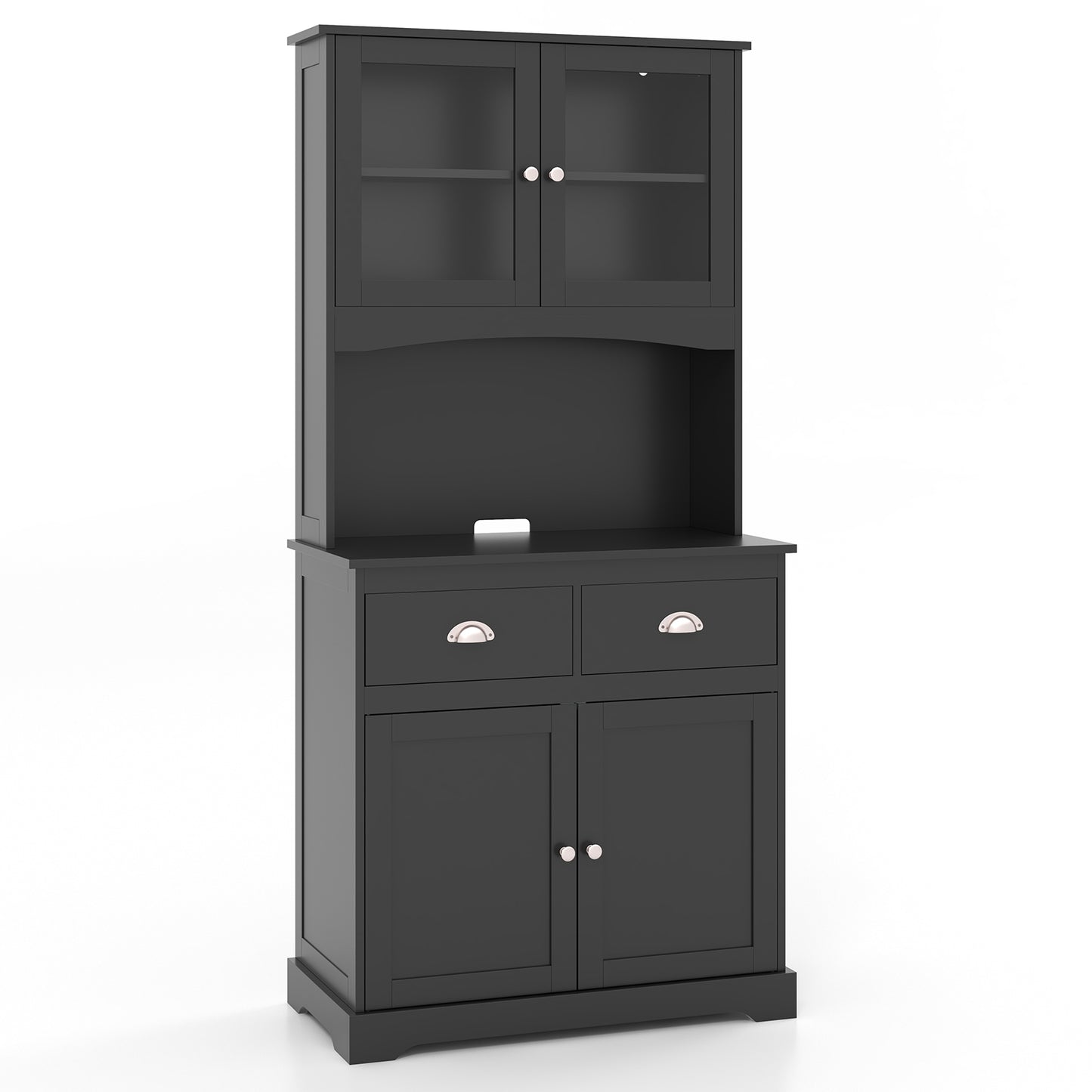Tall Storage Cabinet with Glass Door Shelves and 2 Drawers for Kitchen or Living Room Black