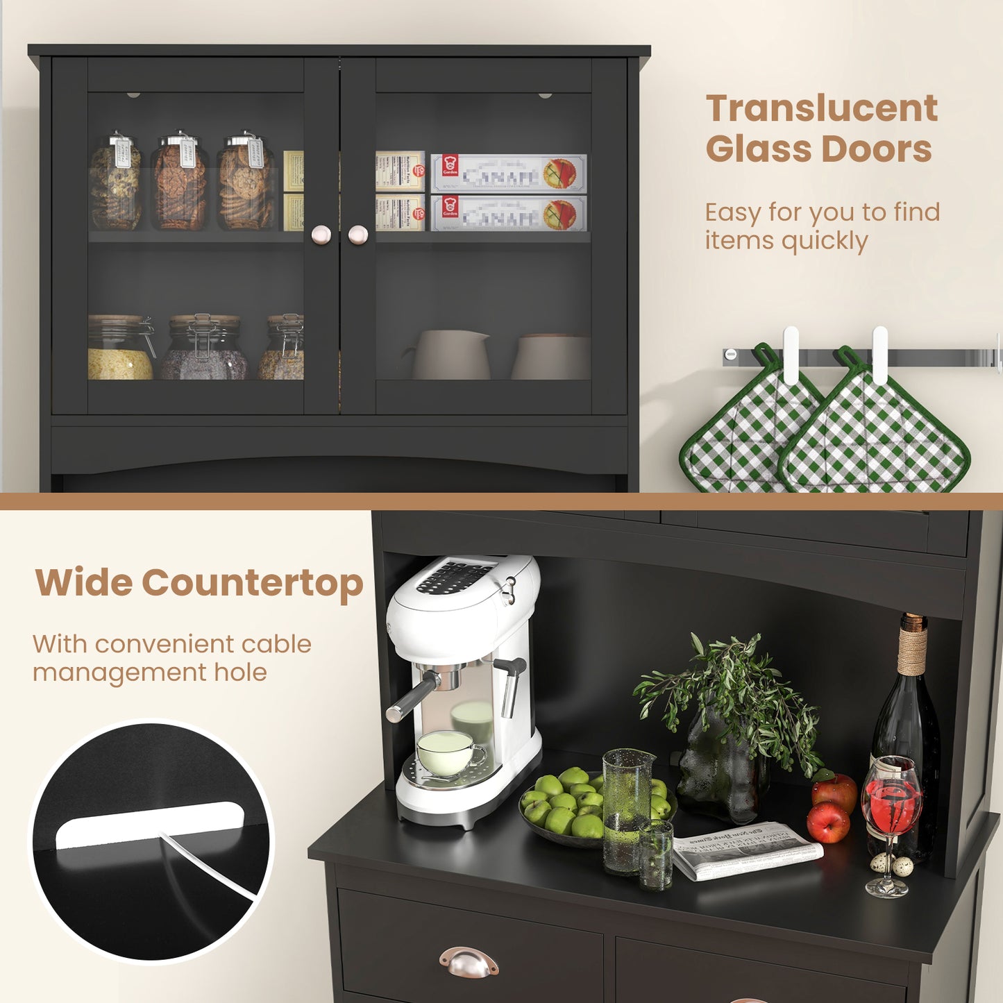 Tall Storage Cabinet with Glass Door Shelves and 2 Drawers for Kitchen or Living Room Black