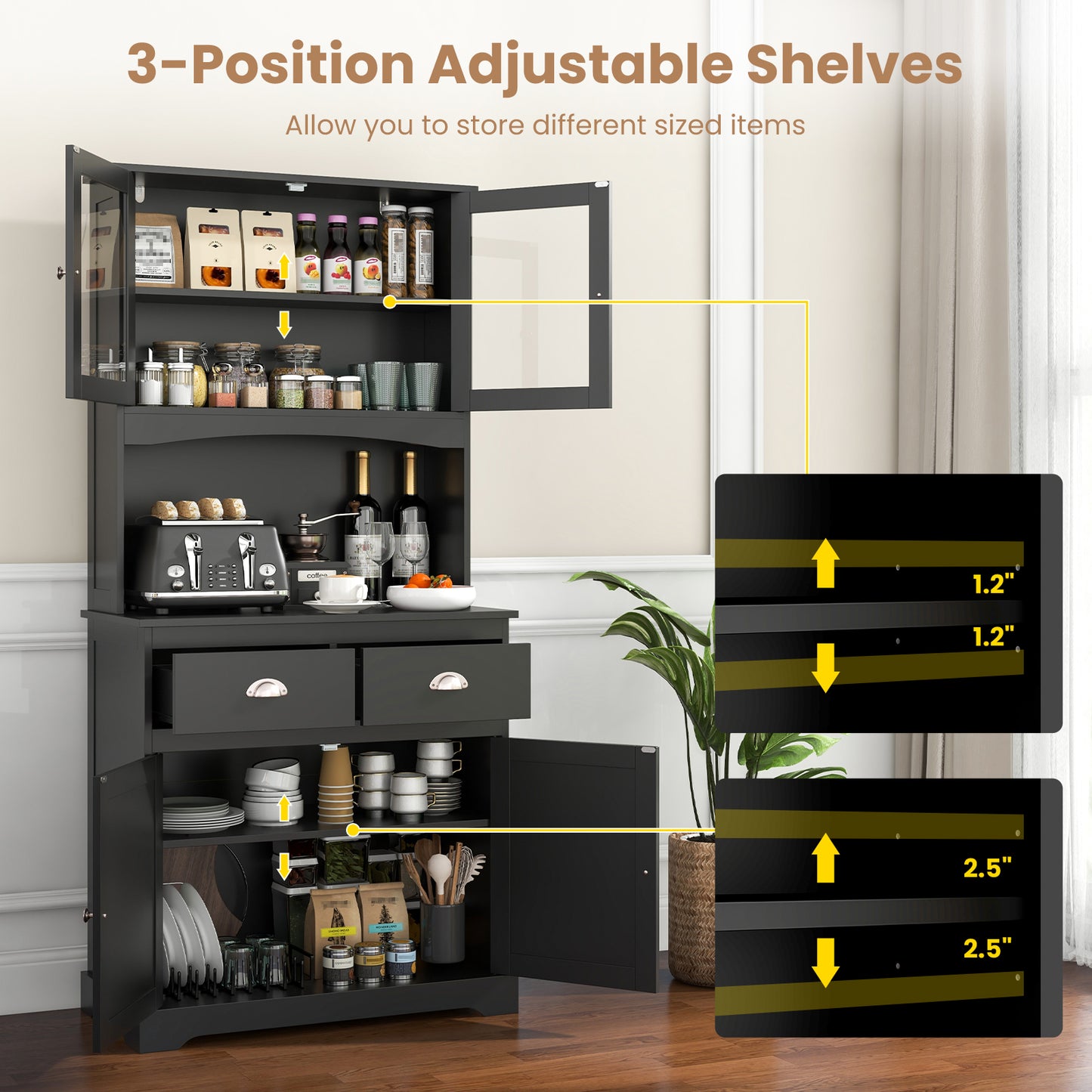 Tall Storage Cabinet with Glass Door Shelves and 2 Drawers for Kitchen or Living Room Black