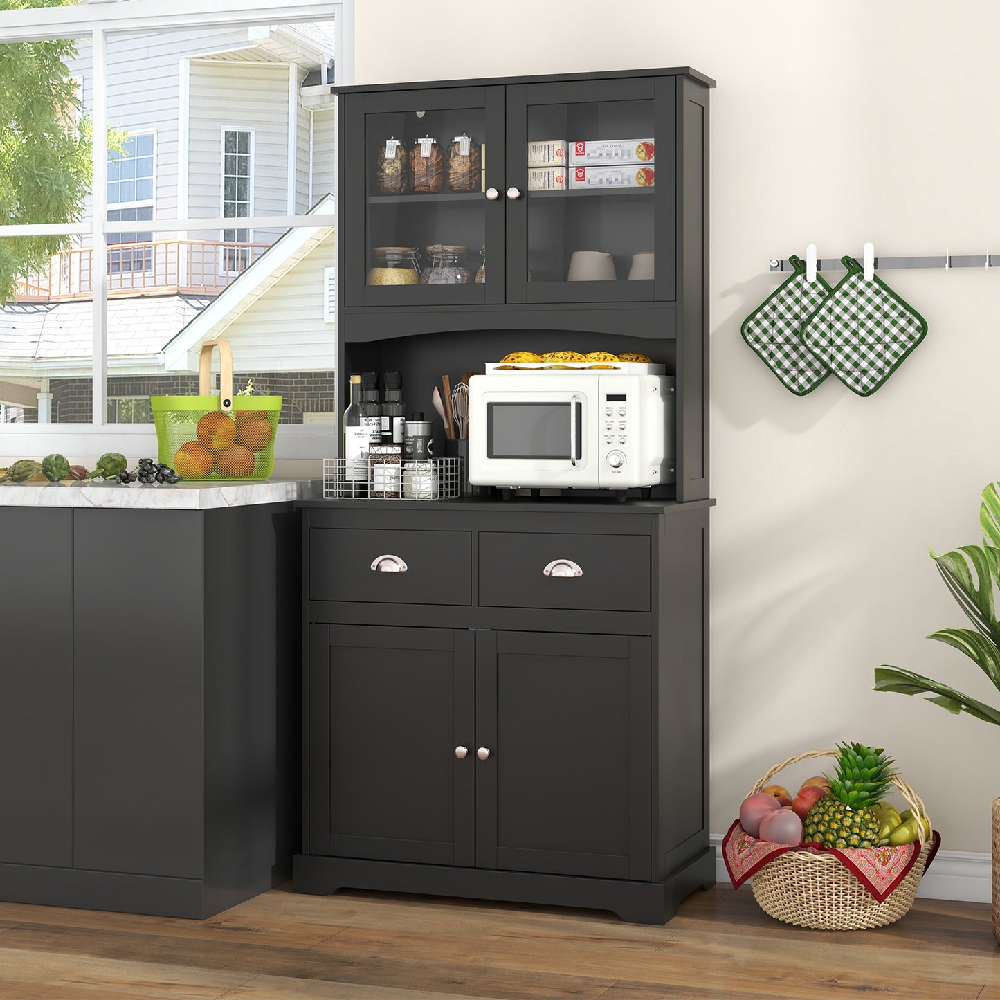 Tall Storage Cabinet with Glass Door Shelves and 2 Drawers for Kitchen or Living Room Black