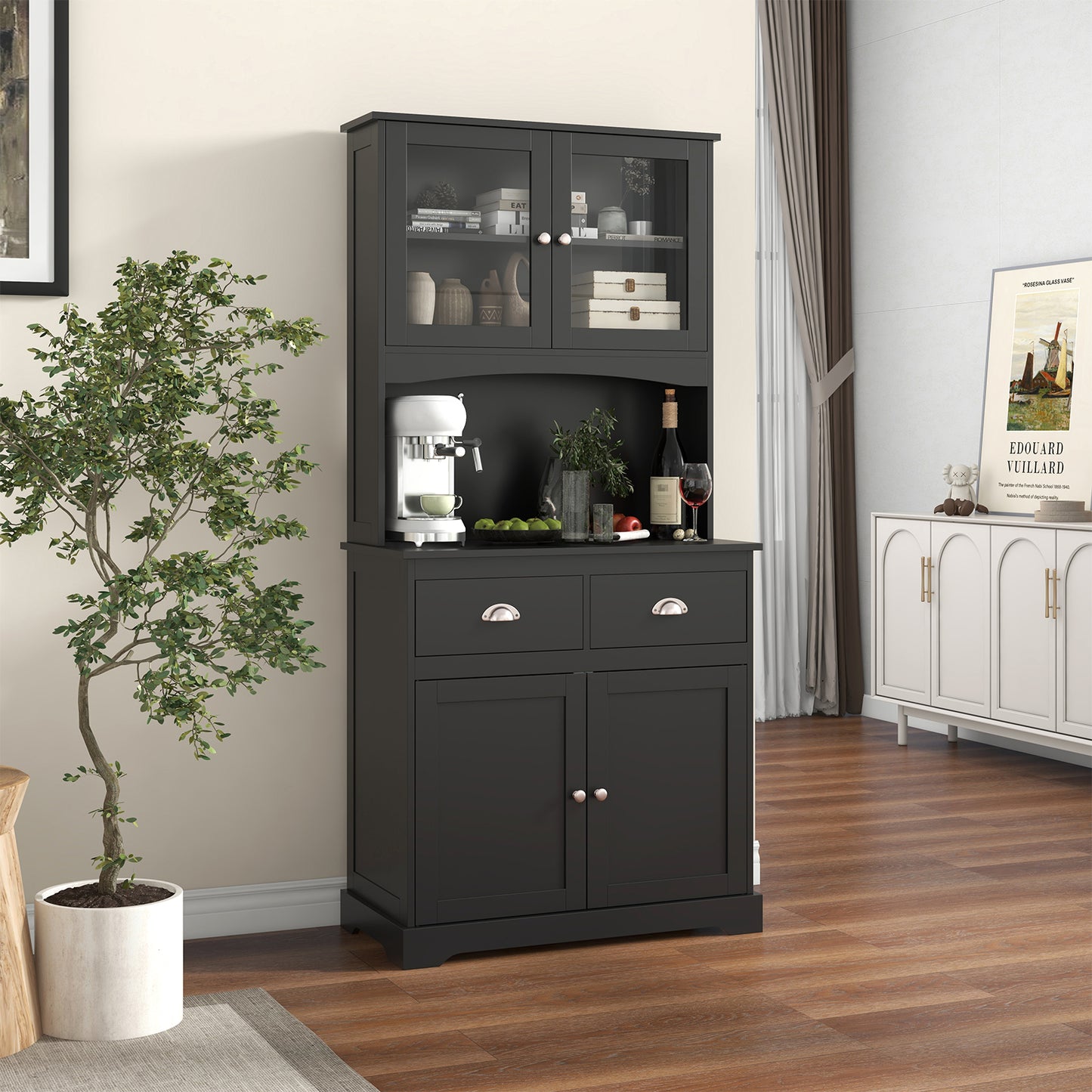 Tall Storage Cabinet with Glass Door Shelves and 2 Drawers for Kitchen or Living Room Black
