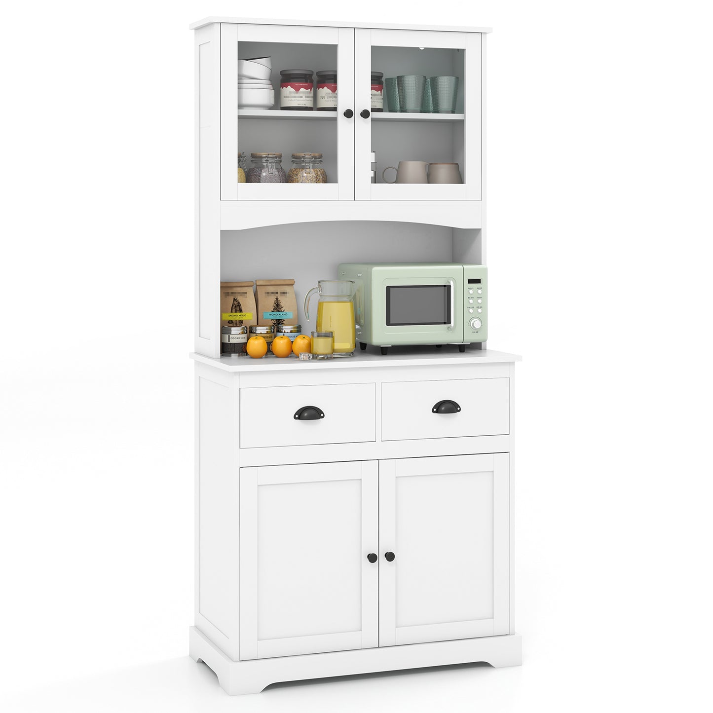 Tall Storage Cabinet with Glass Door Shelves and 2 Drawers for Kitchen or Living Room White